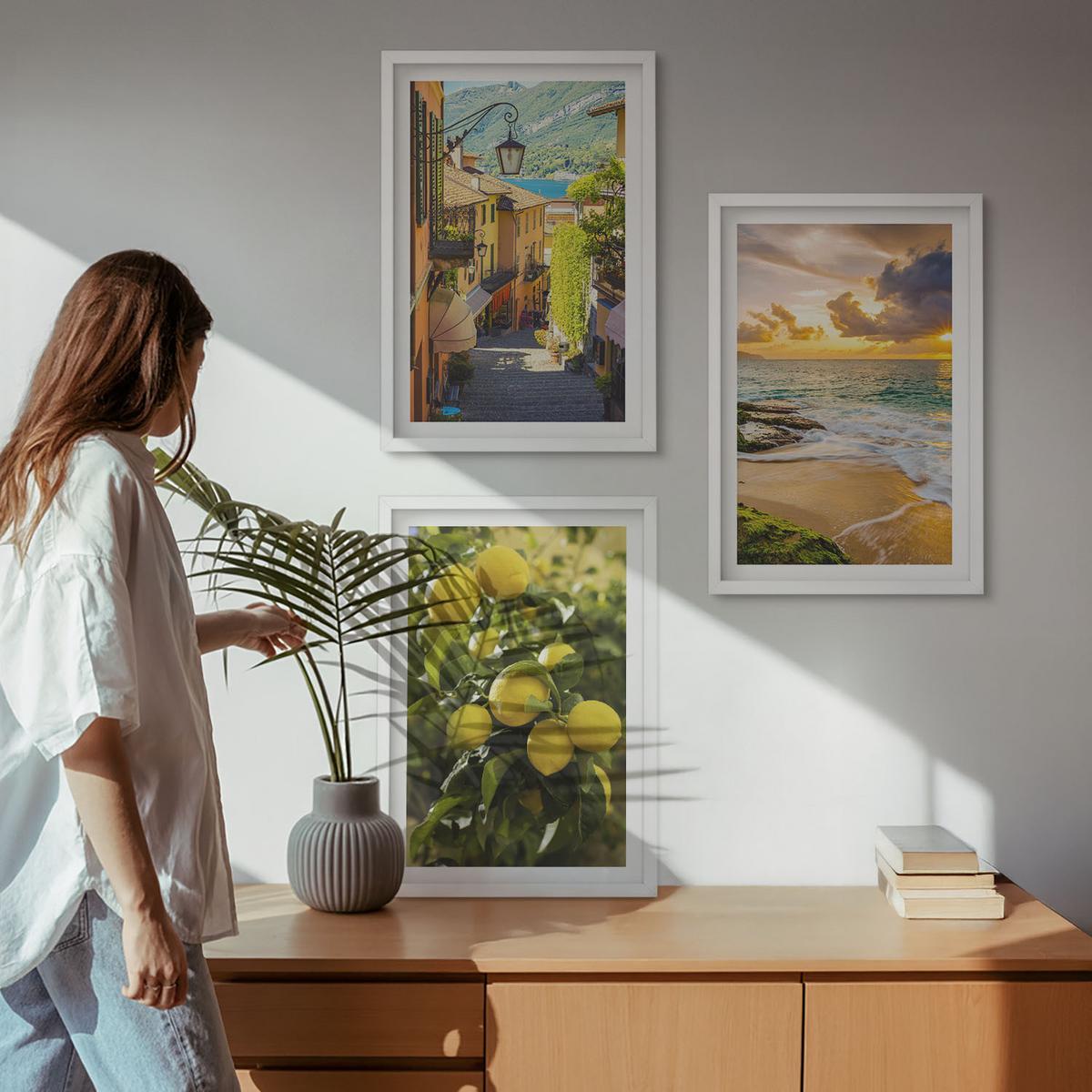 BILDER SET 3er Set - 40x60 cm Weißer Rahmen - Straßen, Meer, Strand, Zitrusbäume - Weiß, Kunststoff (40/60cm) - TULUP
