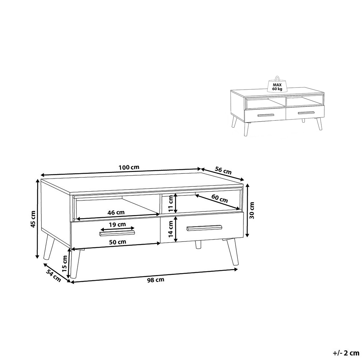 COUCHTISCH heller Holzfarbton/weiß rechteckig Alloa - Hellbraun/Weiß, Holzwerkstoff (60/100/45cm) - Beliani
