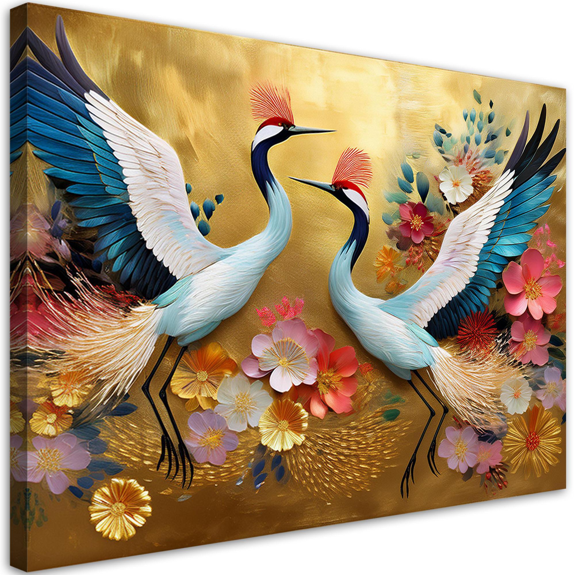 WANDBILD kraniche blumen auf goldenem hintergrund - Multicolor, Textil (60/40cm) - Feeby