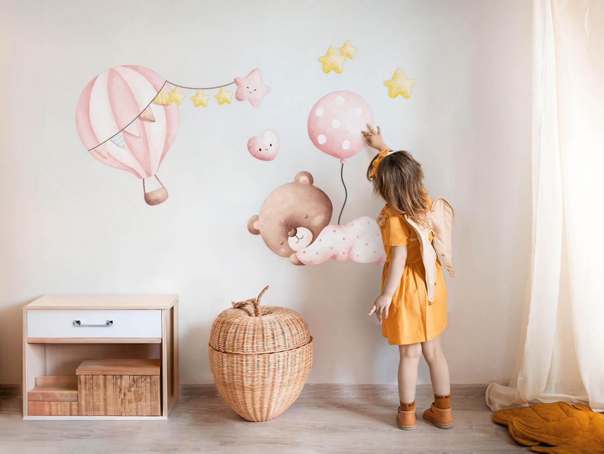 WANDAUFKLEBER 100x93cm - Teddybär-Luftballons und Sterne - Multicolor, Kunststoff (100/93/0.1cm) - Wallfluent