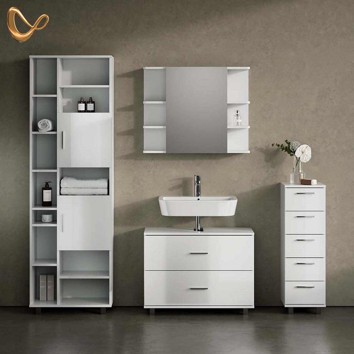 BADMÖBEL-SET Eisak Weiß Hochglanz 4 Teile, mit Hochschrank - Weiß Hochglanz, Holzwerkstoff (80/60/33cm) - Livinity®