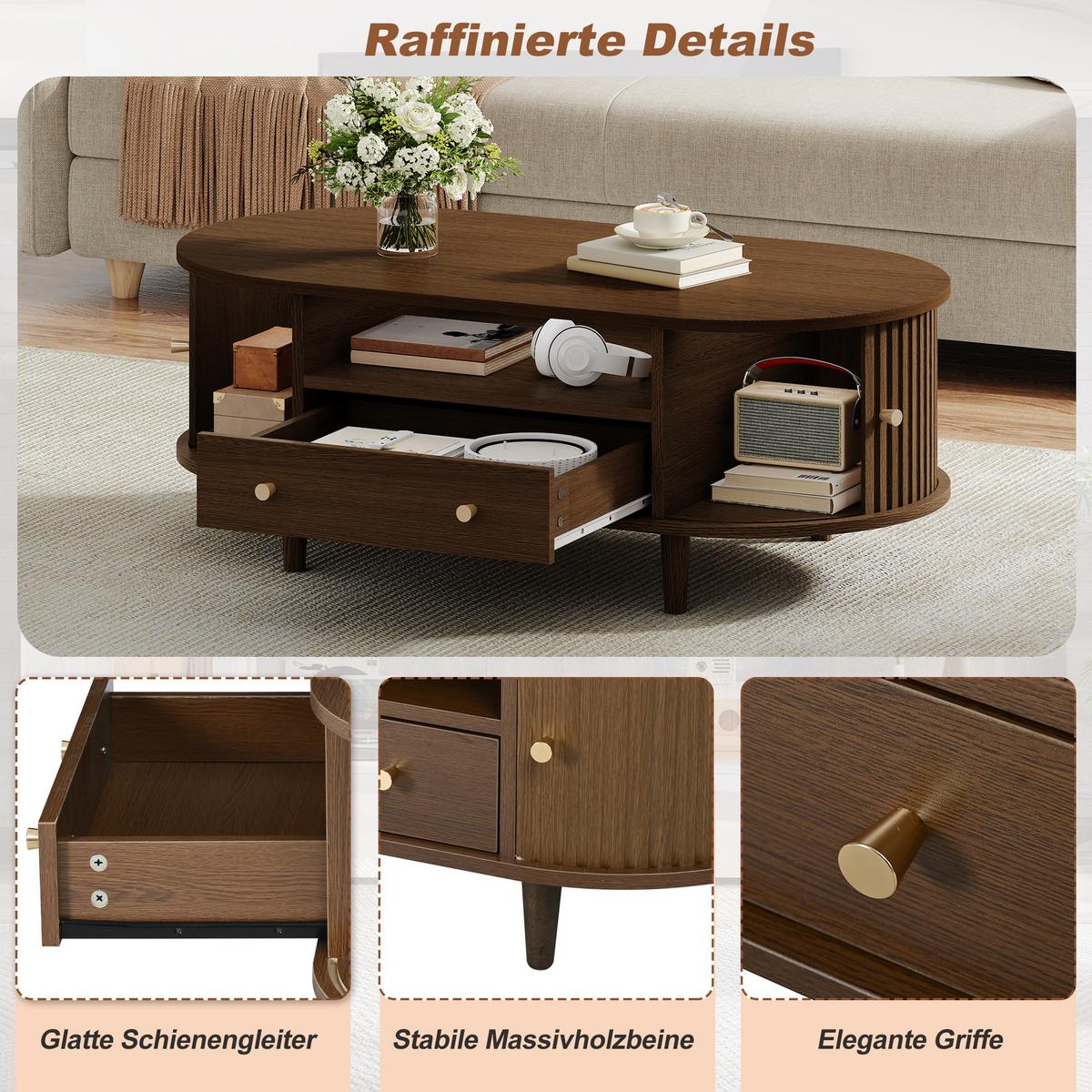 COUCHTISCH Ovales Design mit Rolltür & Schublade - Walnussfarben, Holzwerkstoff (50/100/36cm) - Urban Meuble