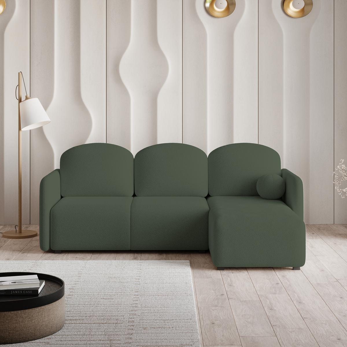 ECKSOFA SUVINO Grün Boucle-Stoff mit Schlaffunktion - Grün, Holz (230/143cm) - MASSENO