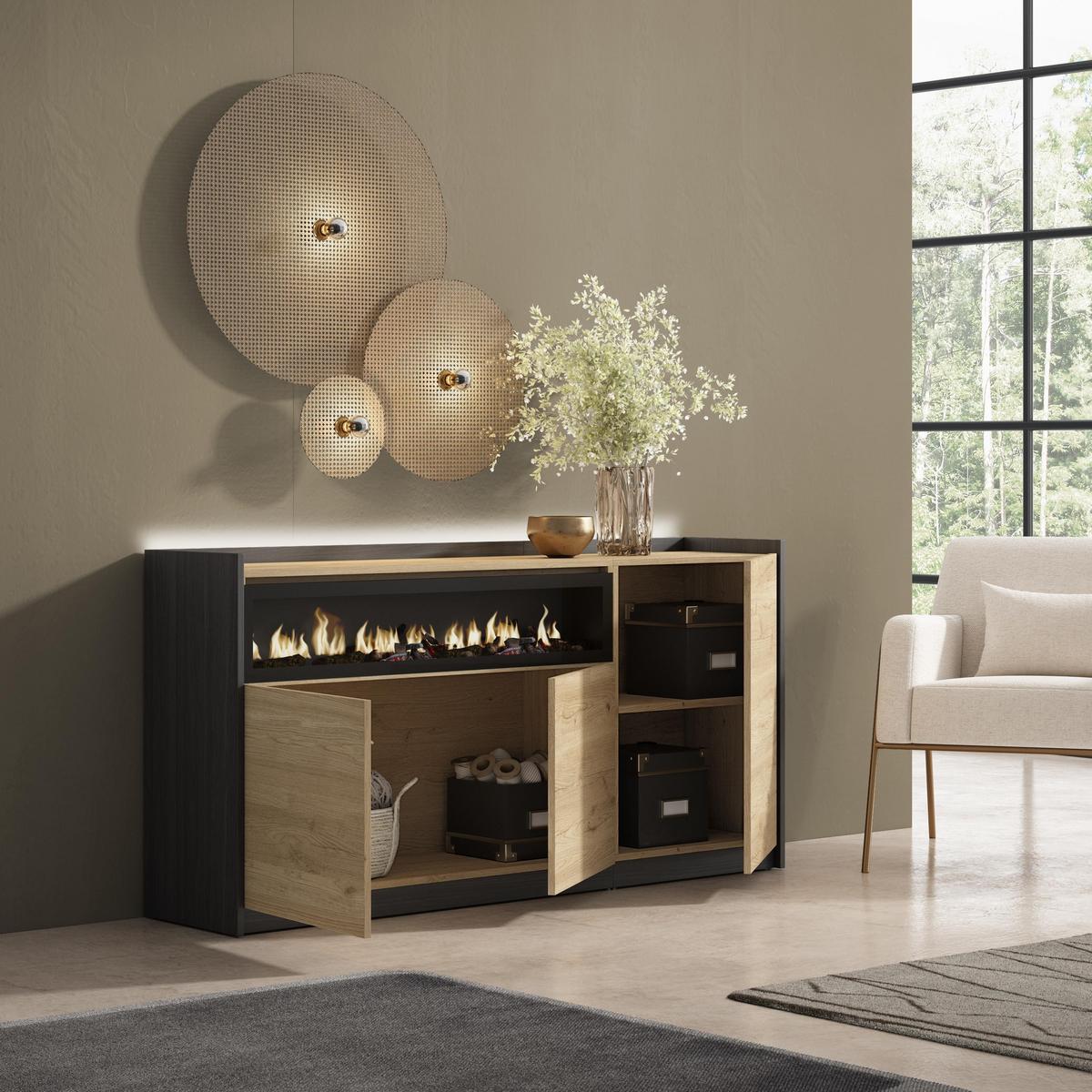 SIDEBOARD, Eiche und Schwarz, 156/37/80cm, Kamin mit Feuereffekt - Eichefarben, Holzwerkstoff (156/80/37cm) - Skraut Home