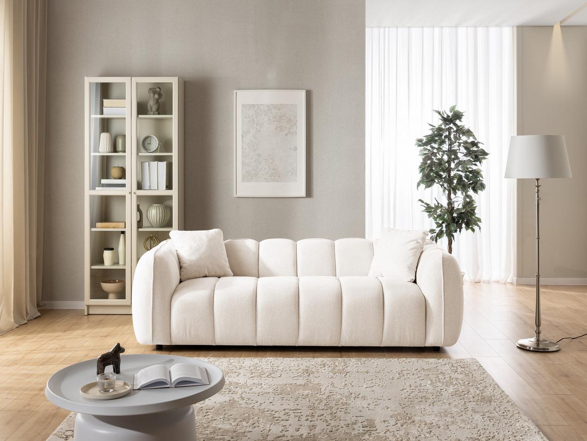 3-SITZER SOFA Nubira in tief gesteppter Bubble-Optik aus weichem Creme Strukturstoff im modernen Design - Creme/Schwarz, Holz/Kunststoff (228/69/89cm) - S-Style Möbel
