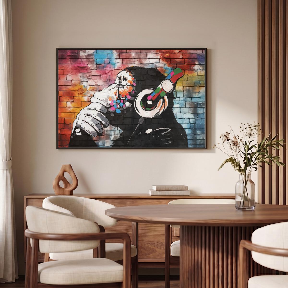 LEINWAND Bilder mit Rahmen - Affe - Graffiti - Musik - 90x60 - Multicolor, Textil (90/60cm) - MuchoWow
