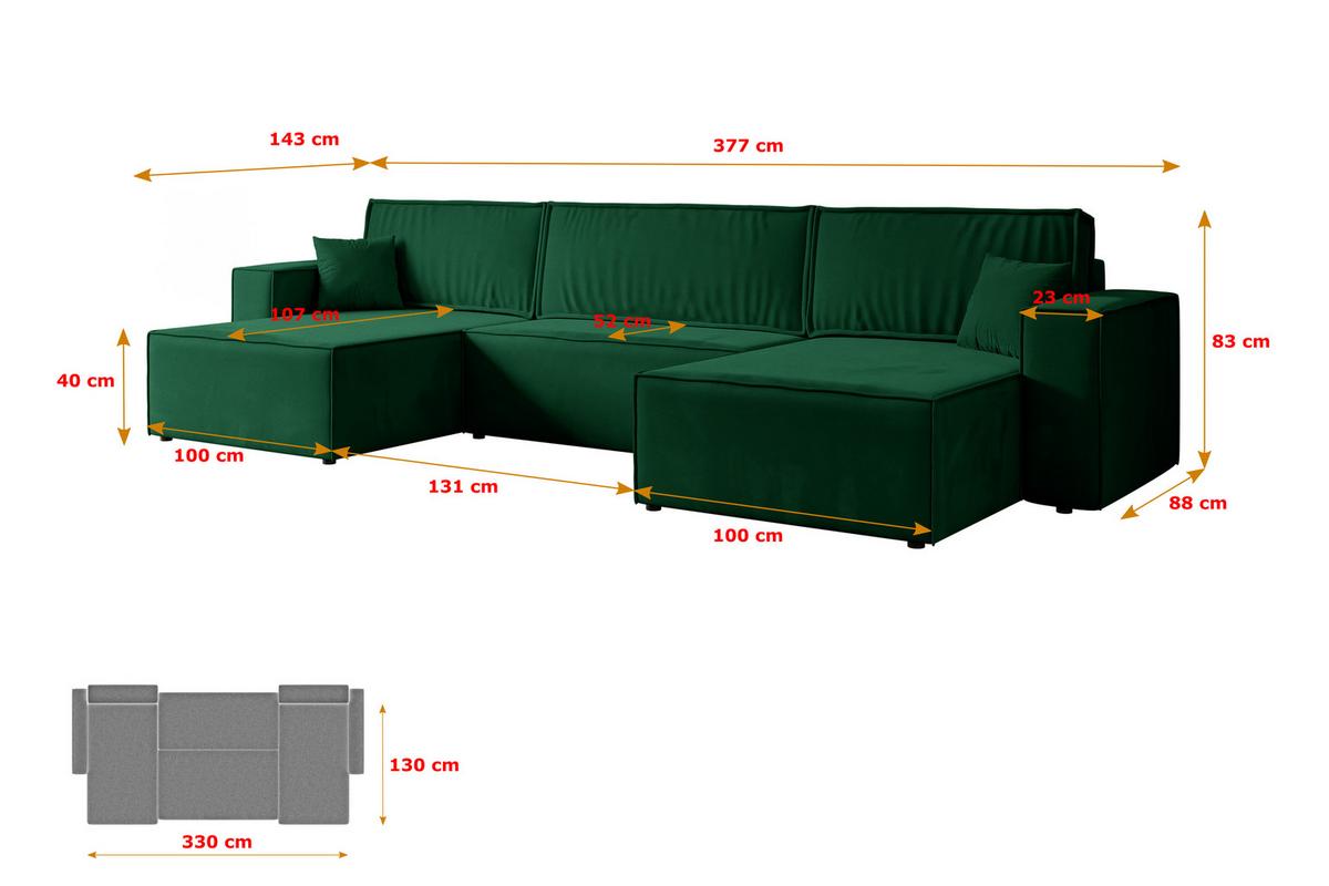 WOHNLANDSCHAFT mit Schlaffunktion und Bettkasten CELTIC-XLU - 377x143x83 cm Grün Velours - Schwarz/Grün, Holzwerkstoff/Kunststoff (377/83/143cm) - ALTDECOR