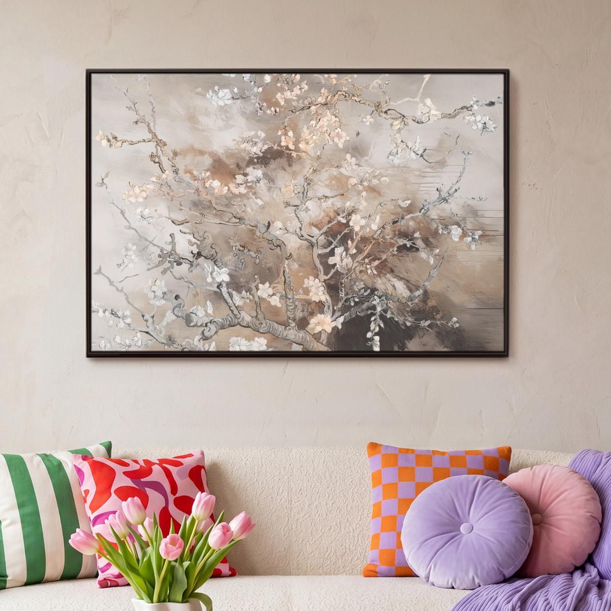 LEINWAND Bilder mit Rahmen - Mandelblüte - Kunst - Van Gogh - Beige - Abstrakt - 90x60 - Braun, Textil (90/60cm) - MuchoWow