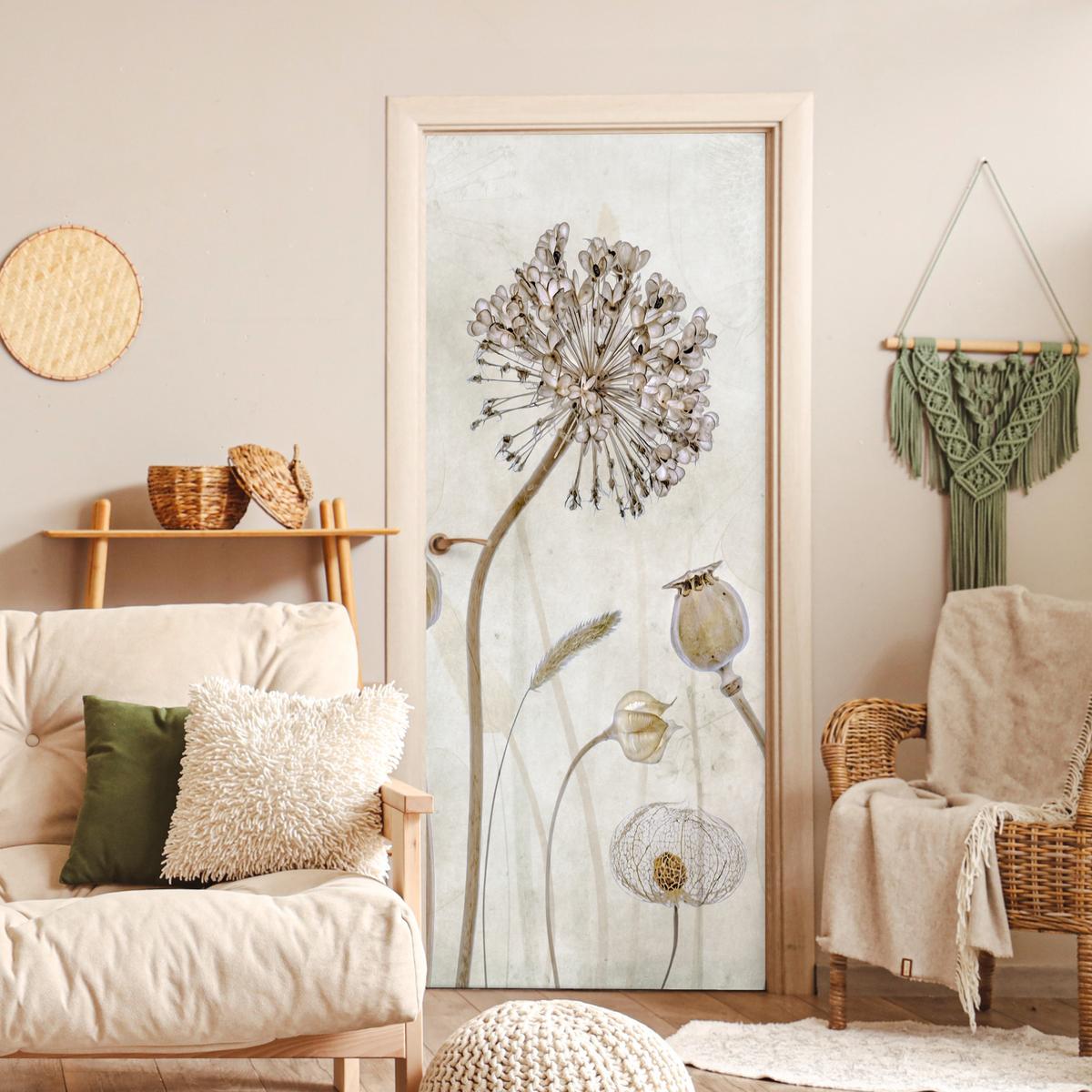 TÜRAUFKLEBER Selbstklebend - Blumen - Aquarell - Stilleben - Braun - Vintage 85x205 cm - Türtapete - Ecru, Kunststoff (85/205cm) - MuchoWow