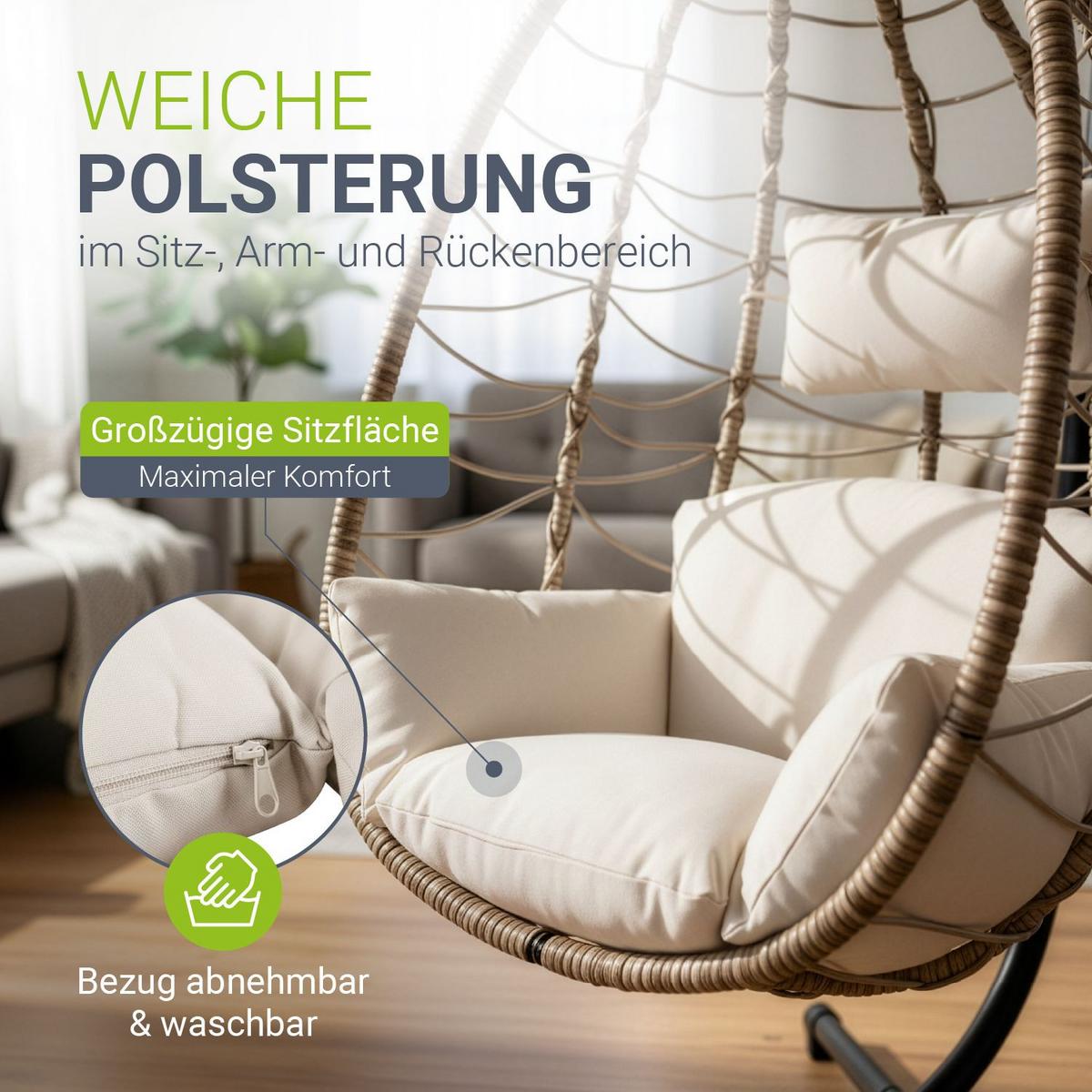 KORBHÄNGESESSEL Aria beige inkl. waschbare Bezüge - Beige, Kunststoff/Metall (95/196/95cm) - Juskys