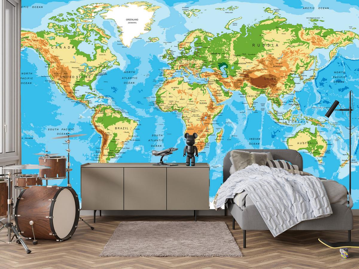 FOTOTAPETE für Wohnzimmer Physische Weltkarte Schriften 350x256 - Blau/Gelb, Papier (350/256cm) - Muralo