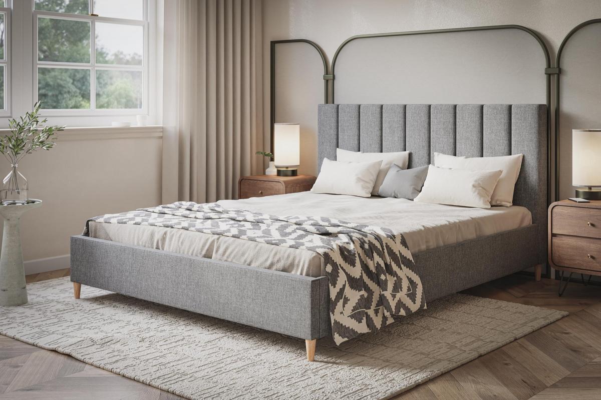 POLSTERBETT LUX Tokio mit Kopfteil, 160 x 200 cm, Doppelbett mit Lattenrost aus Holz, Strukturstoff Grau, Füße in Farbe: Braun - Grau, Holz/Textil (160/200cm) - Alpi-Möbel