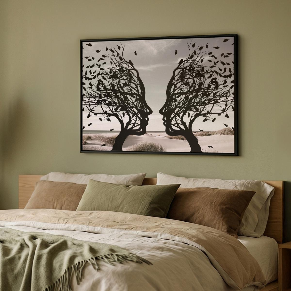 LEINWAND Bilder mit Rahmen - Strand - Meer - Menschen - Baum - Moderne Kunst - 100x70 - Hellgrau, Textil (100/70cm) - MuchoWow
