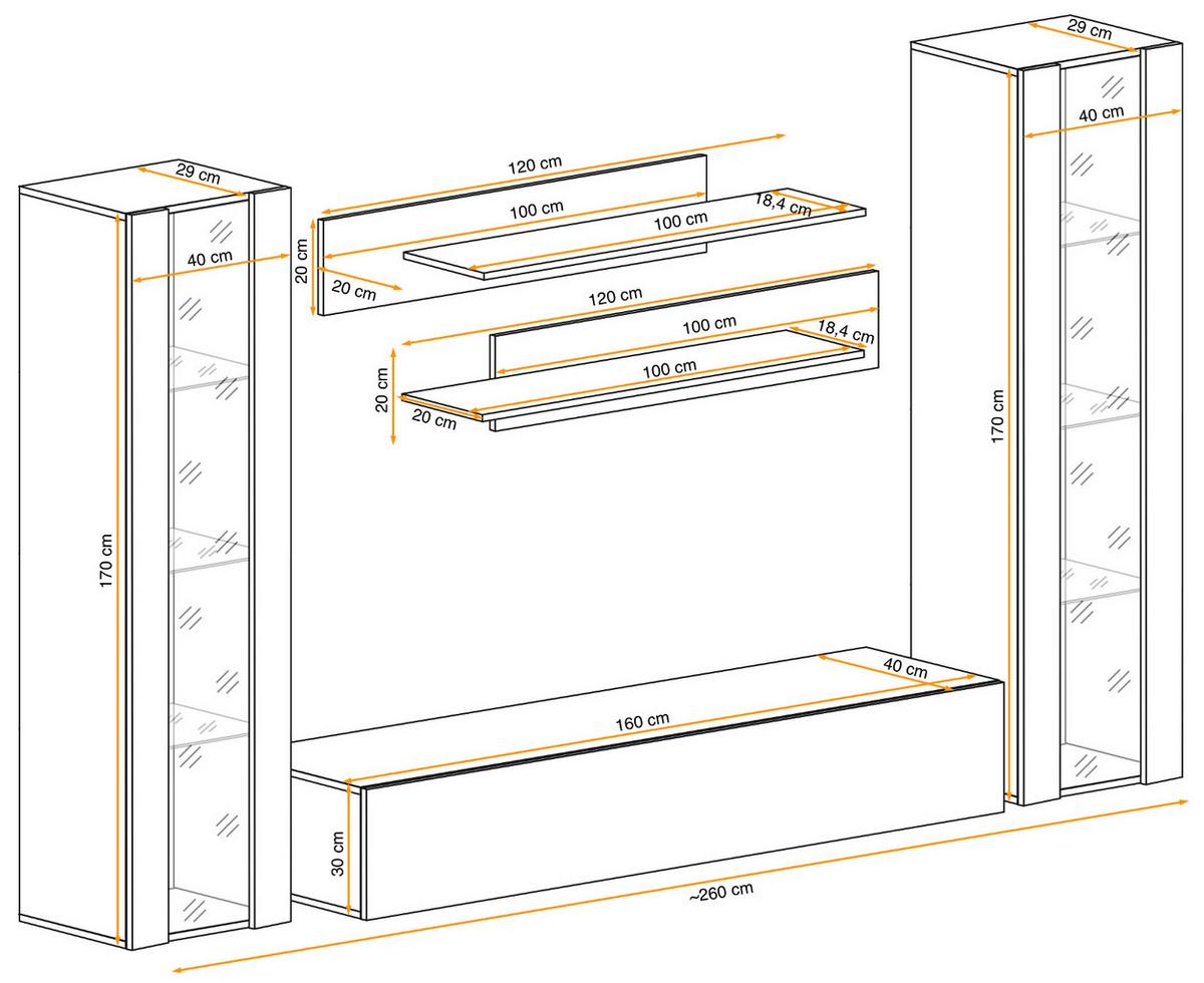 WOHNWAND Kaschmir 5-teilig 260 cm, Schrankwand hängend mit LED und Push-to-Open - Kaschmir, Glas/Holzwerkstoff (260/170/40cm) - Inn.Furn