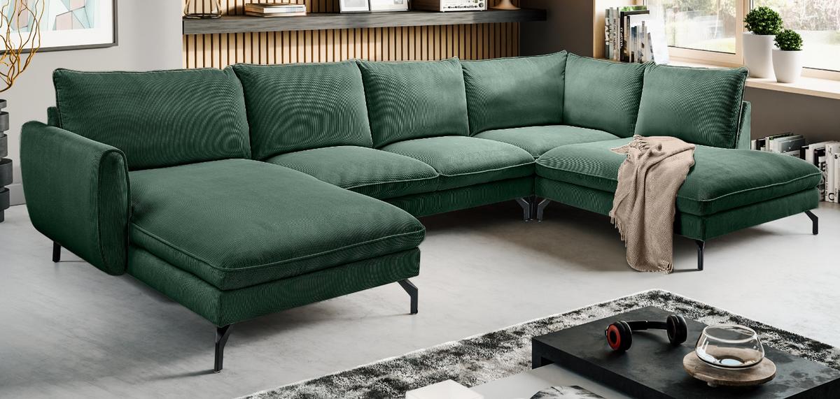 SOFA grün Cord-Stoff 202 x 361 cm, Wohnlandschaft U-Form - Dunkelgrün/Schwarz, Holz/Textil (361/87/202cm) - Inn.Furn