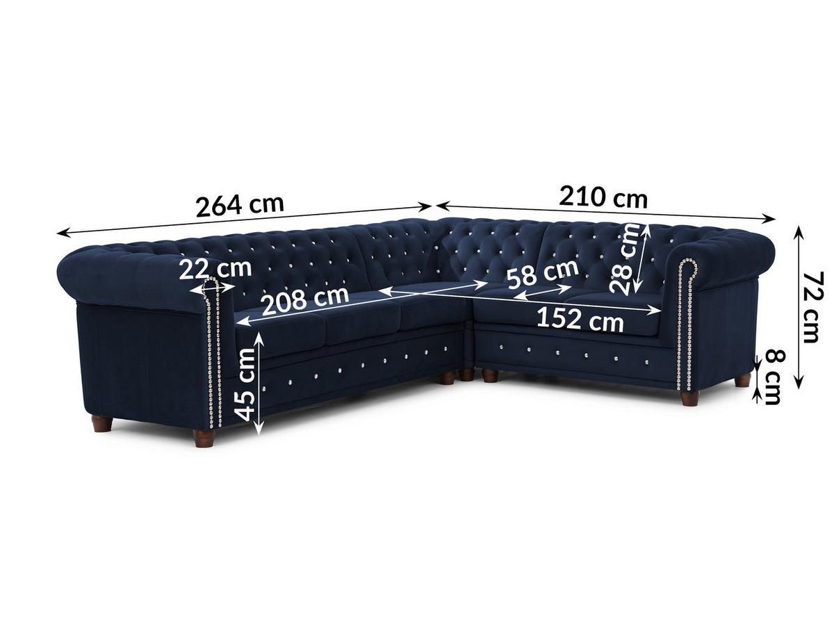 ECKSOFA Chesterfield Cleo Blink Marineblau Samt mit Kristallsteppung und braunen Massivholzfüßen - Ottomane Rechts - Blau/Braun, Holz/Textil (264/210cm) - S-Style Möbel