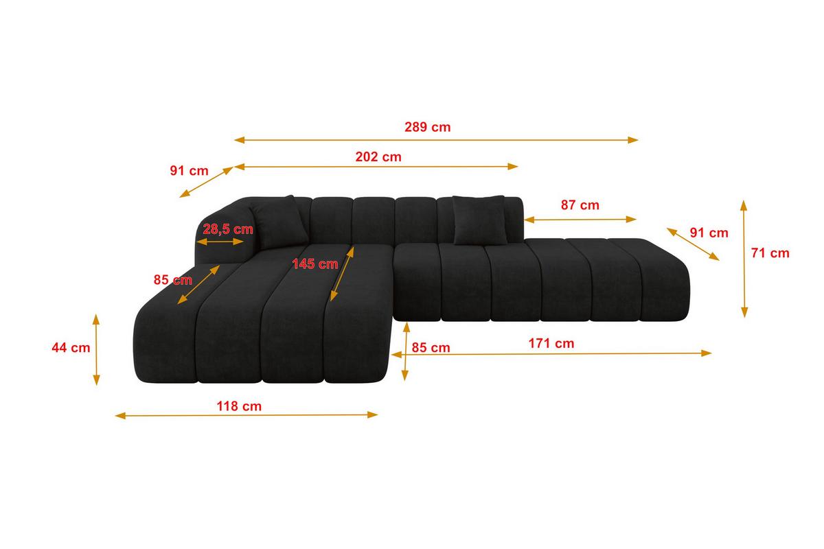 ECKSOFA Ottomane Links BILA-L 289x176x71 Schwarz Samt - Schwarz, Holzwerkstoff/Kunststoff (176/289cm) - ALTDECOR
