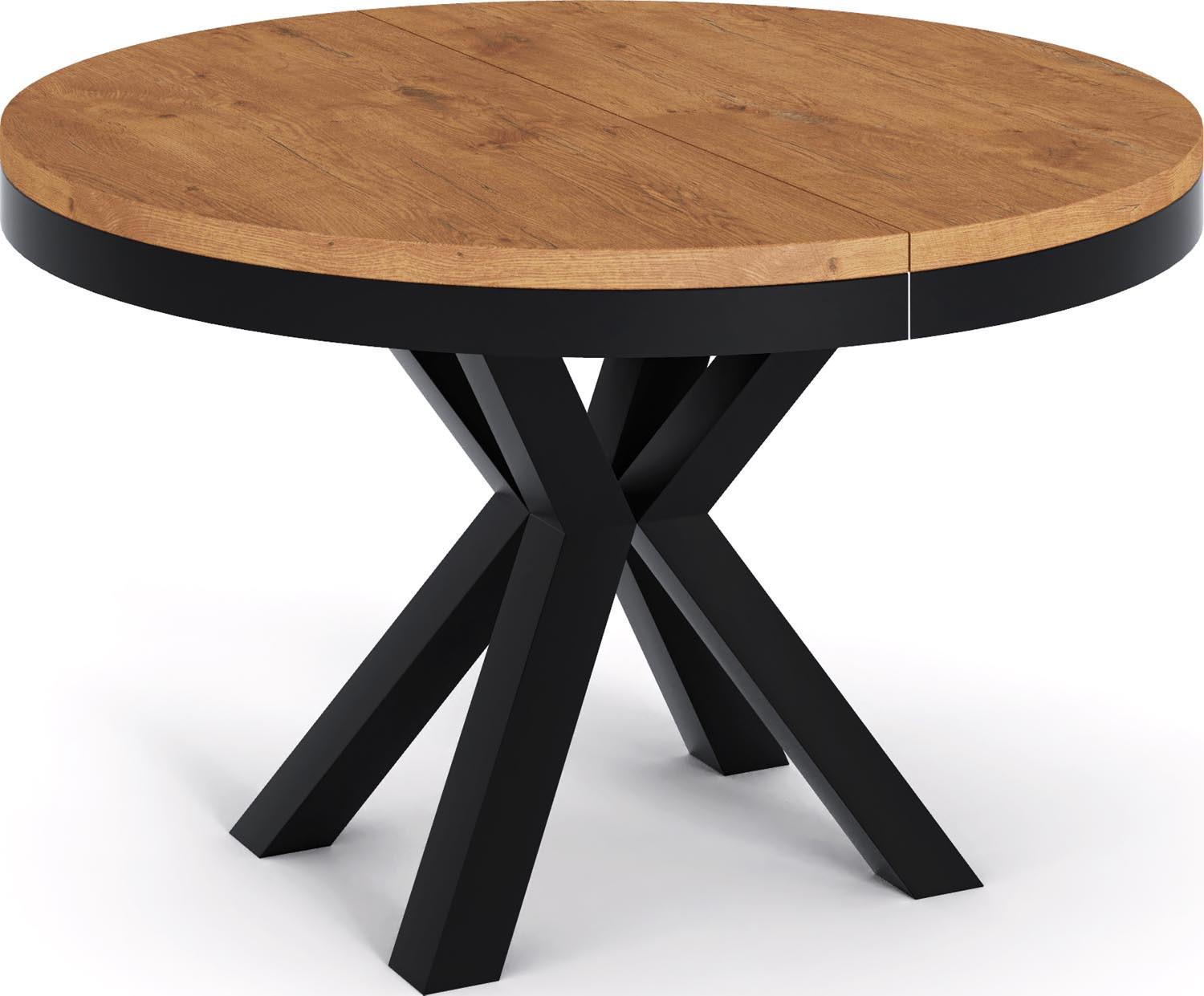 ESSTISCH Clara runder ausziehbarer, Lancelot Eiche 100-180/100/76 cm - Eichefarben/Schwarz, Holzwerkstoff/Metall (100/180/76cm) - WFL GROUP