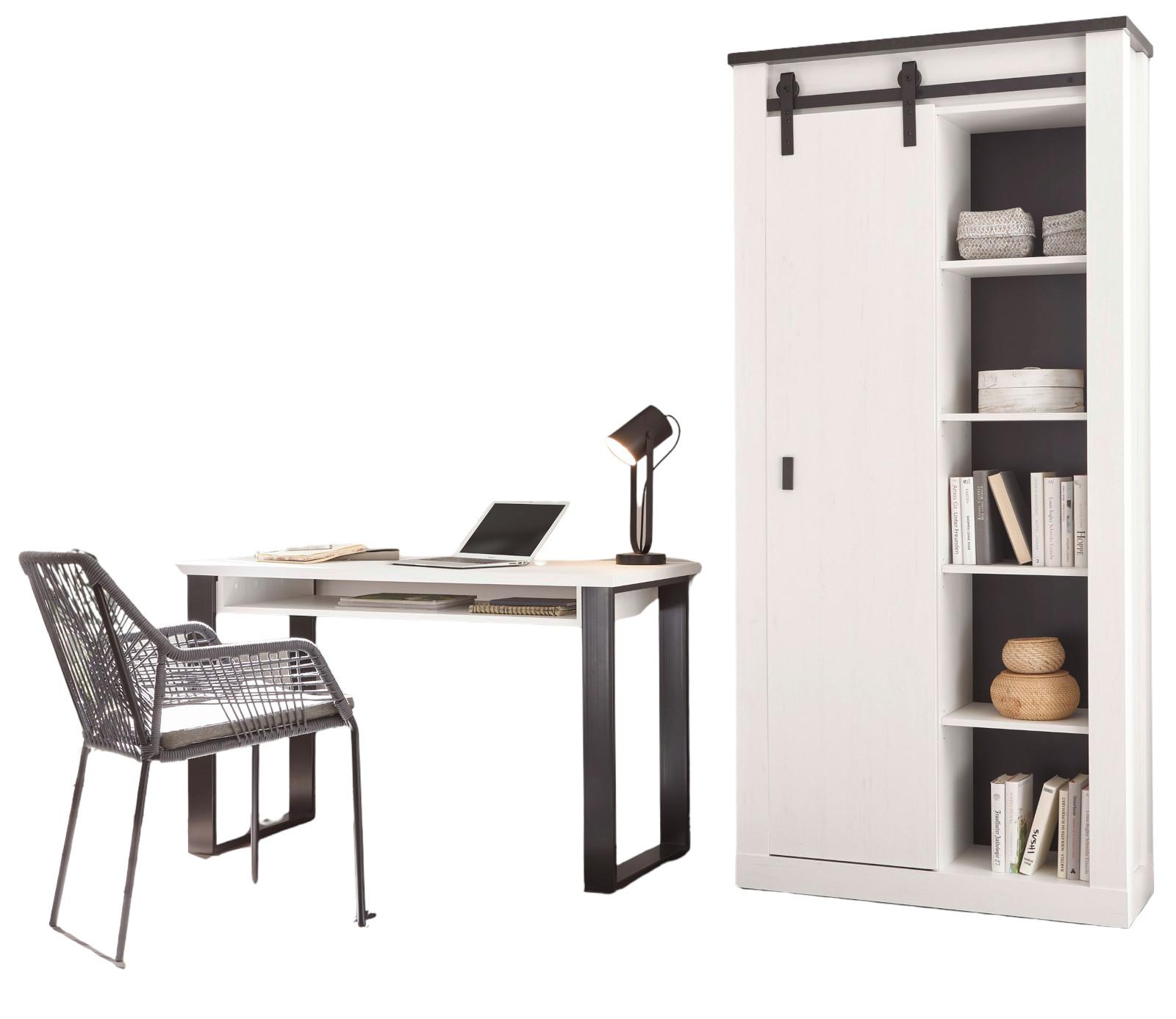 BÜROMÖBEL-SET weiß Pinie, anthrazit Landhaus mit Aktenschrank - Anthrazit/Weiß, Holzwerkstoff (60/220/201cm) - Furn.Design