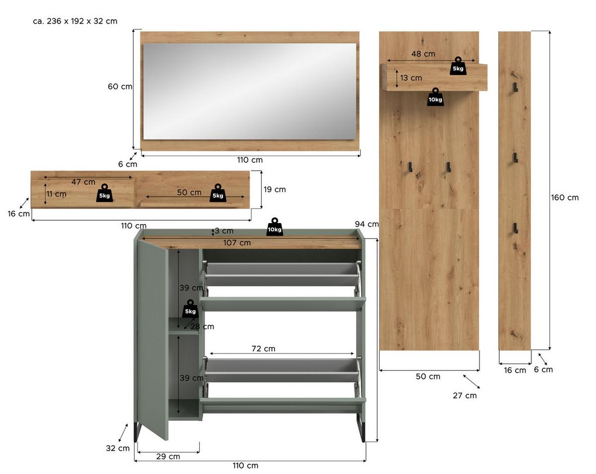 GARDEROBE-SET Salbei und Artisan Eiche, Garderobe 5-teilig, 236 x 192 cm, Soft-Close, Borga - Salbeigrün/Schwarz, Holzwerkstoff/Metall (236/192/32cm) - InnoFurn
