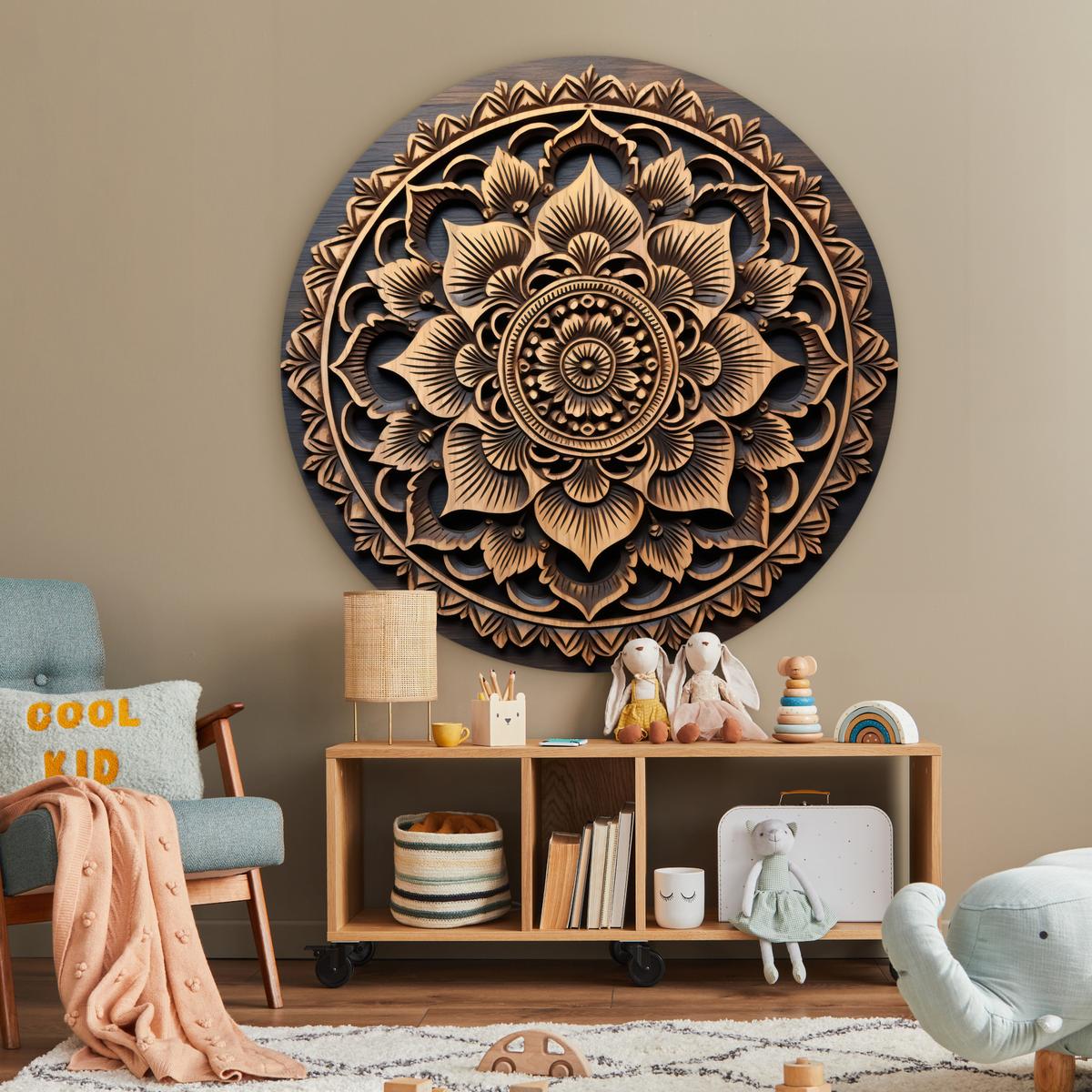 WANDBILD Mandala - Holz - Blumen - Braun Deko Groß 150x150 cm - Gelb, Kunststoff (150/150cm) - MuchoWow