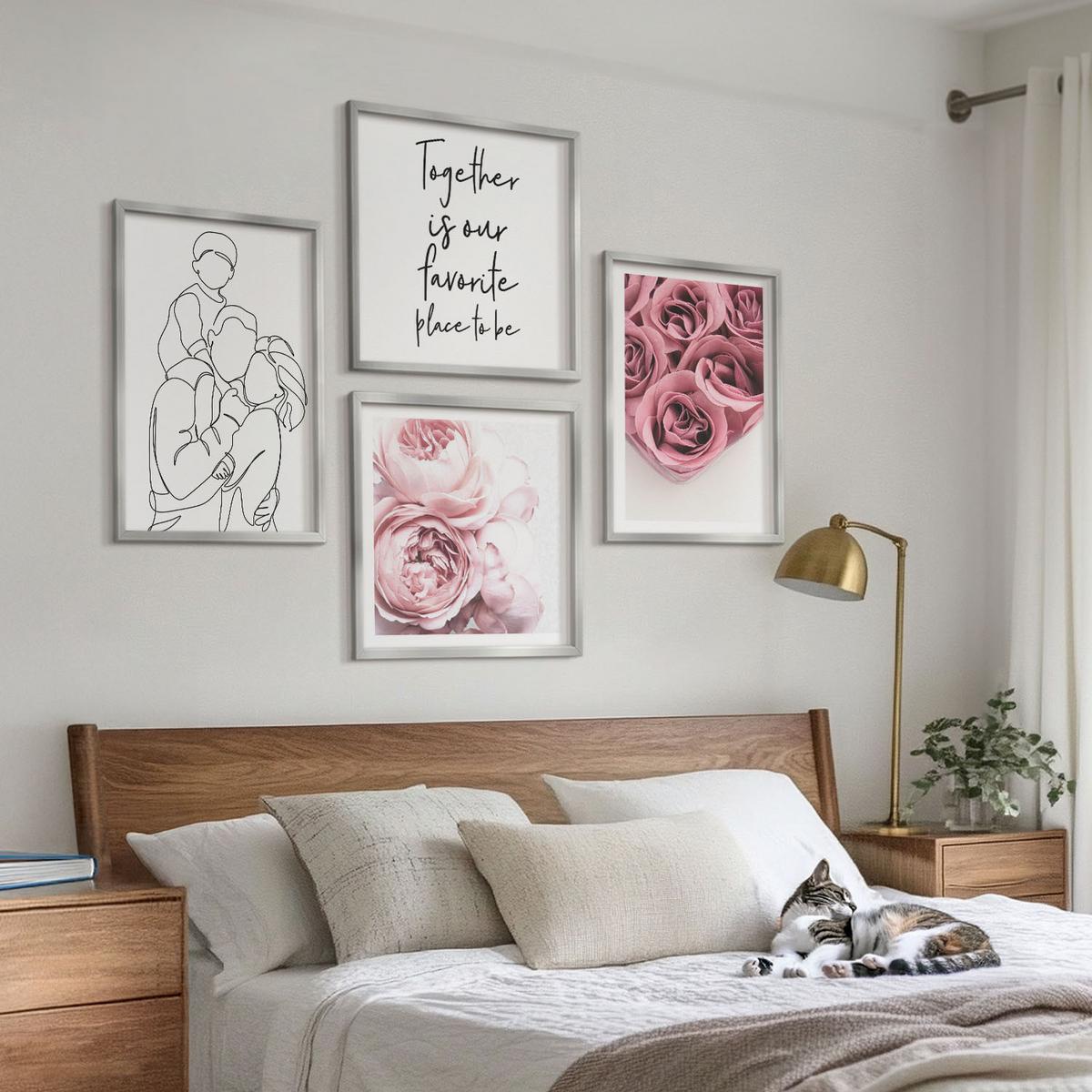 BILDER SET 4er Set - 50x50 cm & 40x60 cm Silberner Rahmen - Rosensträuße als Familienzeichnung - Silberfarben, Kunststoff (50/50cm) - TULUP