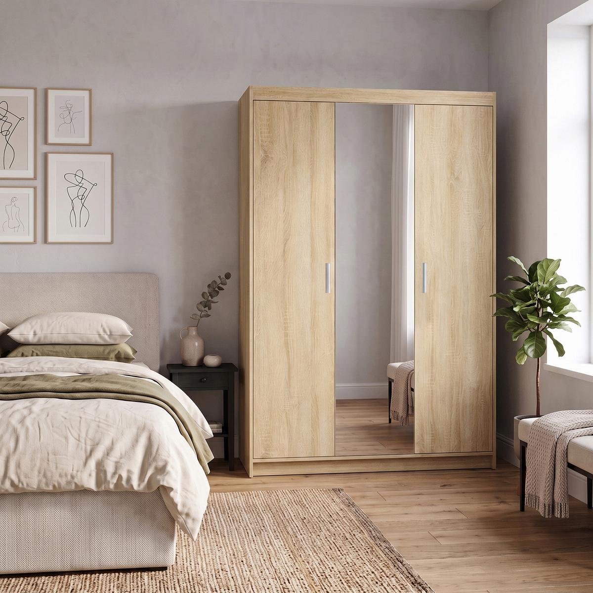 DREHTÜRENSCHRANK Elena mit 3 Türen, mit Spiegel, Sonoma Eiche - Sonoma Eiche, Holzwerkstoff (130/190/53cm) - Beautysofa
