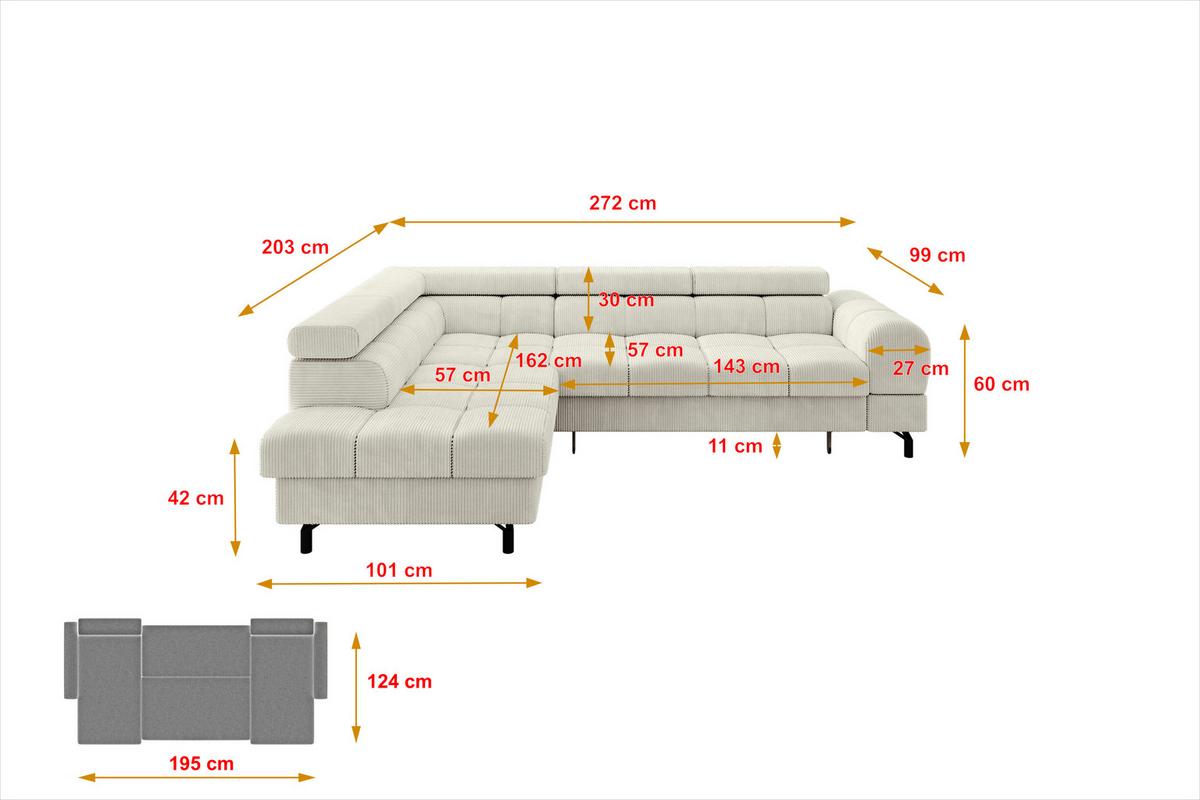 ECKSOFA mit Schlaffunktion Ottomane Links LUMA-L 272x203x70 Creme Cord - Schwarz/Mokka, Holzwerkstoff/Kunststoff (272/203cm) - ALTDECOR