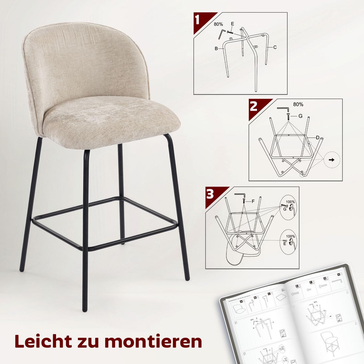 BARHOCKER 2er Set Barstuhl mit Fußstütze, Lehne, Sitzhöhe 68 cm, Beige - Beige/Schwarz, Textil (50/93/55cm) - HOMCOM
