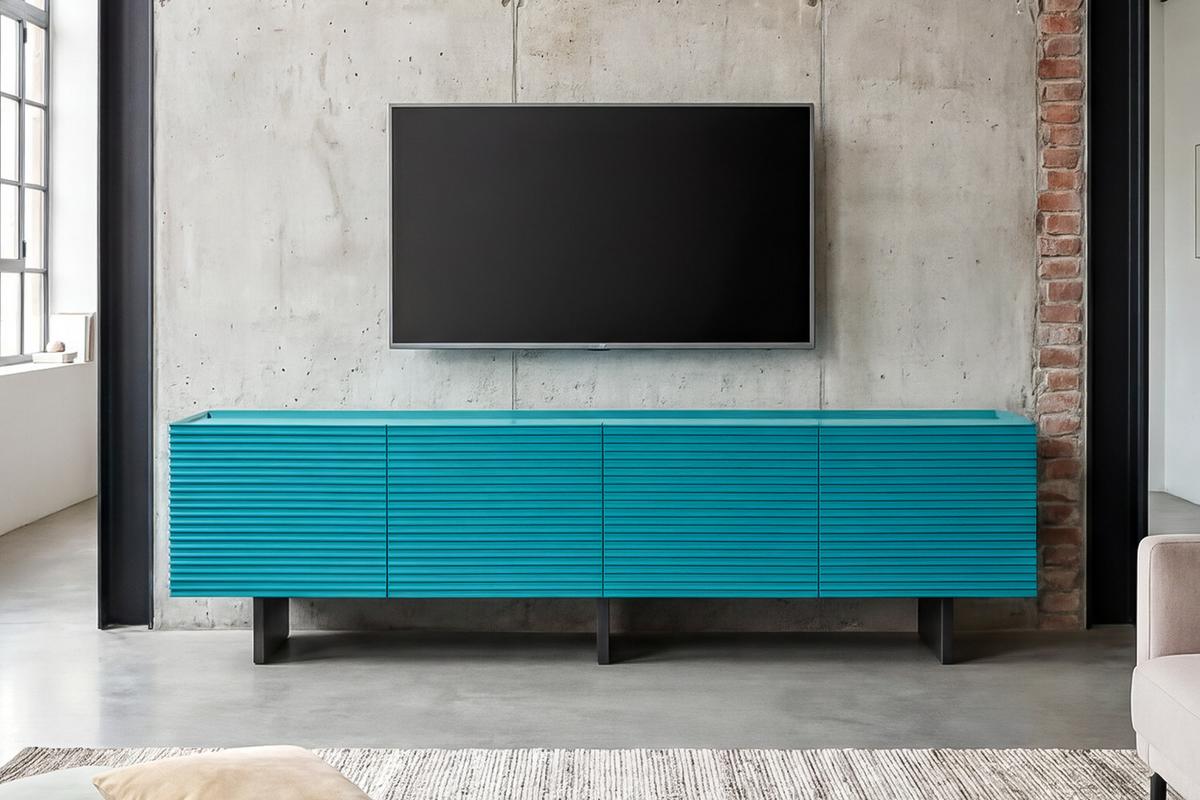 LOWBOARD LYNN Blau Holz - Blau/Schwarz, Holzwerkstoff/Metall (200/55/40cm) - KAWOLA