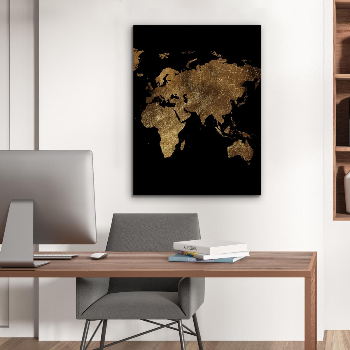 METALLBILD Weltkarte - Gold - Luxus - Erde - Schwarz 60x80 cm - Goldfarben, Metall (60/80cm) - MuchoWow