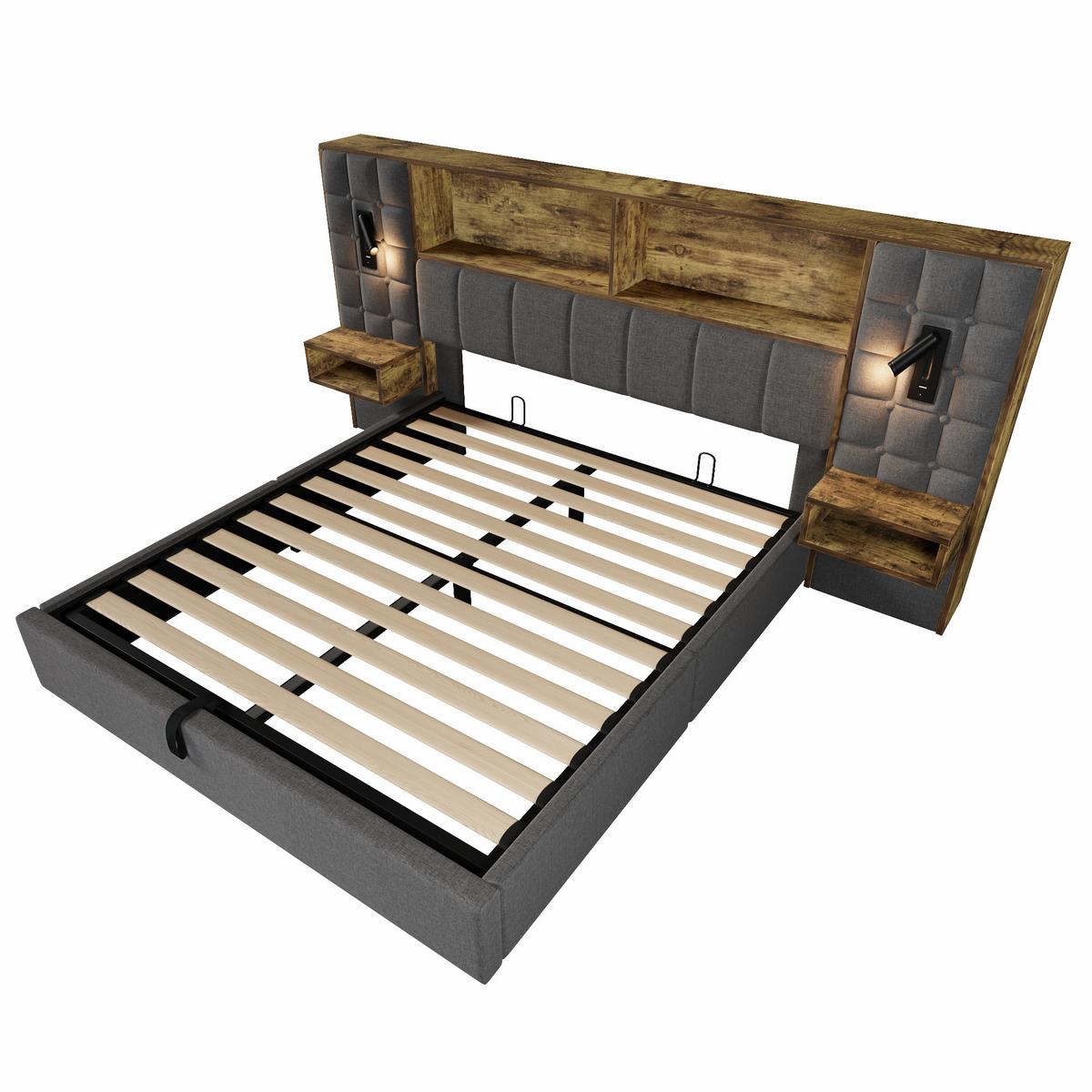 POLSTERBETT 160x200 mit Stauraum LED Nachttische USB Leinen - Grau, Textil (160/200cm) - Urban Meuble