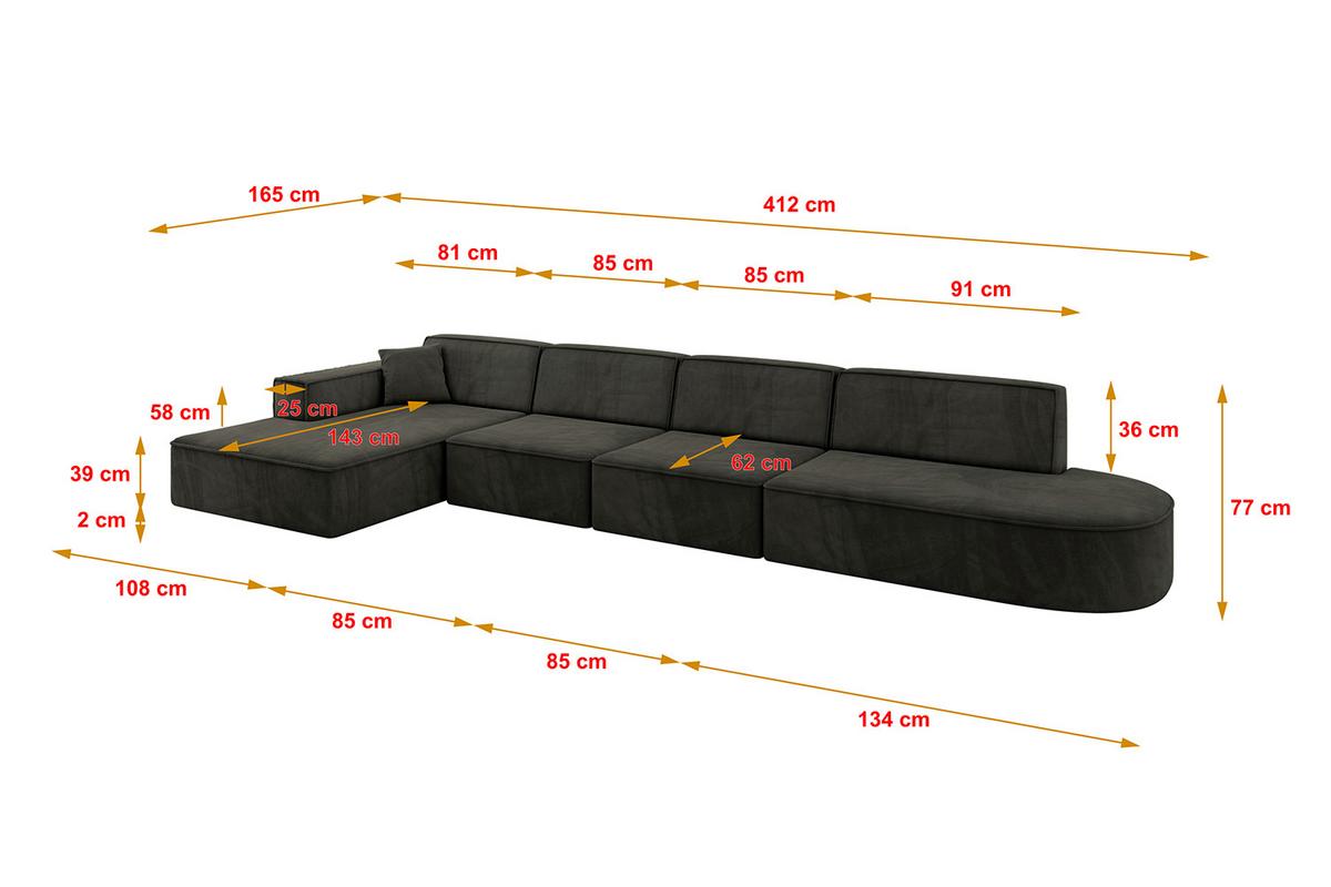 ECKSOFA Ottomane Links IREA-L3-v4 - 412x165x77 cm Schwarz - Schwarz, Holzwerkstoff/Textil (412/165cm) - ALTDECOR