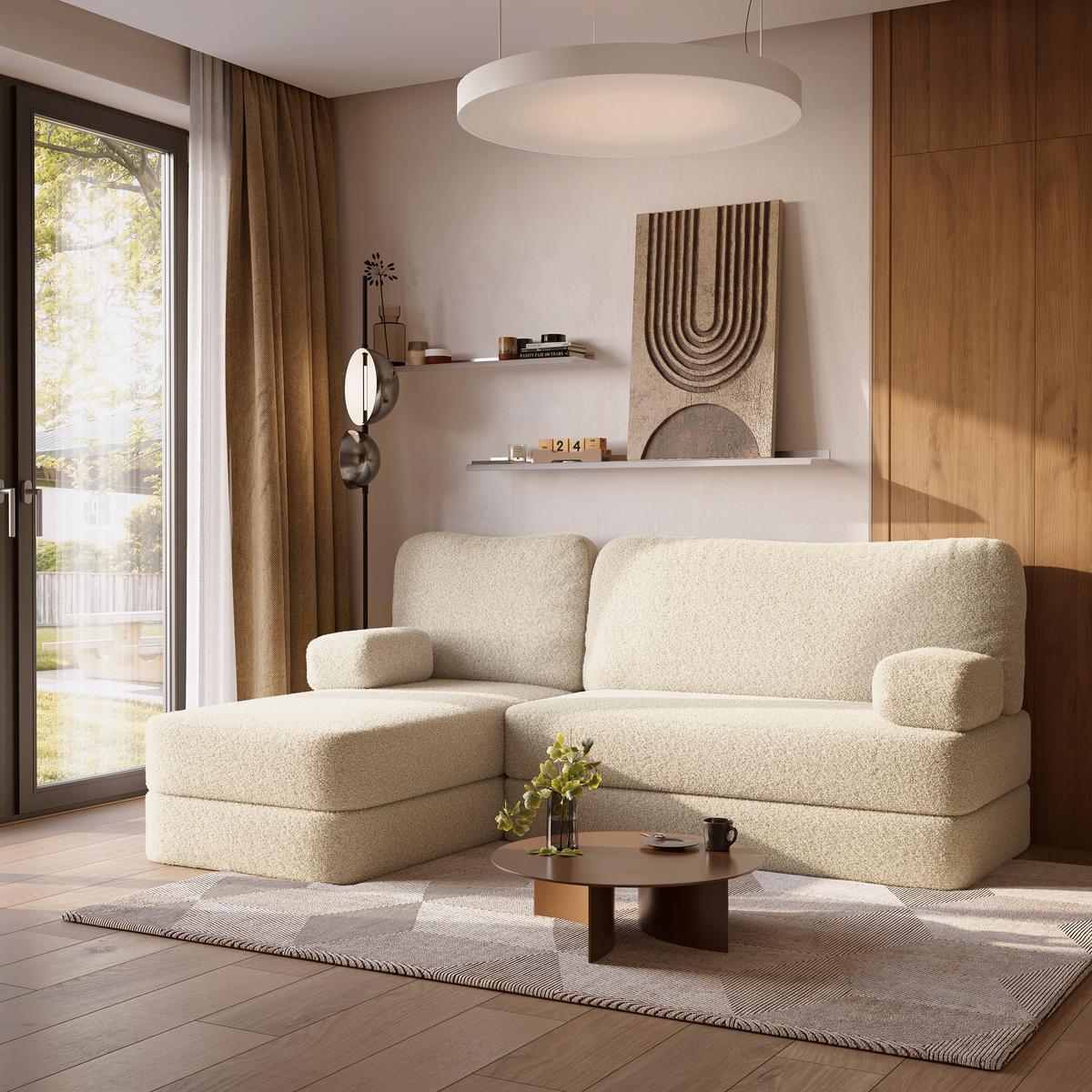 ECKSOFA SABI modulares Boneless Sofa mit Schlaffunktion Creme Boucle-Stoff - Creme, Textil (200/120cm) - MASSENO