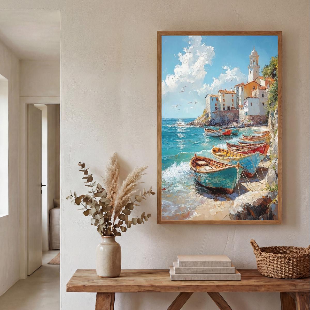 WANDLEUCHTE MIT AKKU Boote - Felsen - Meer - Sonne 70x100 cm - Blau, Holzwerkstoff (70/100/8cm) - OnlyWow