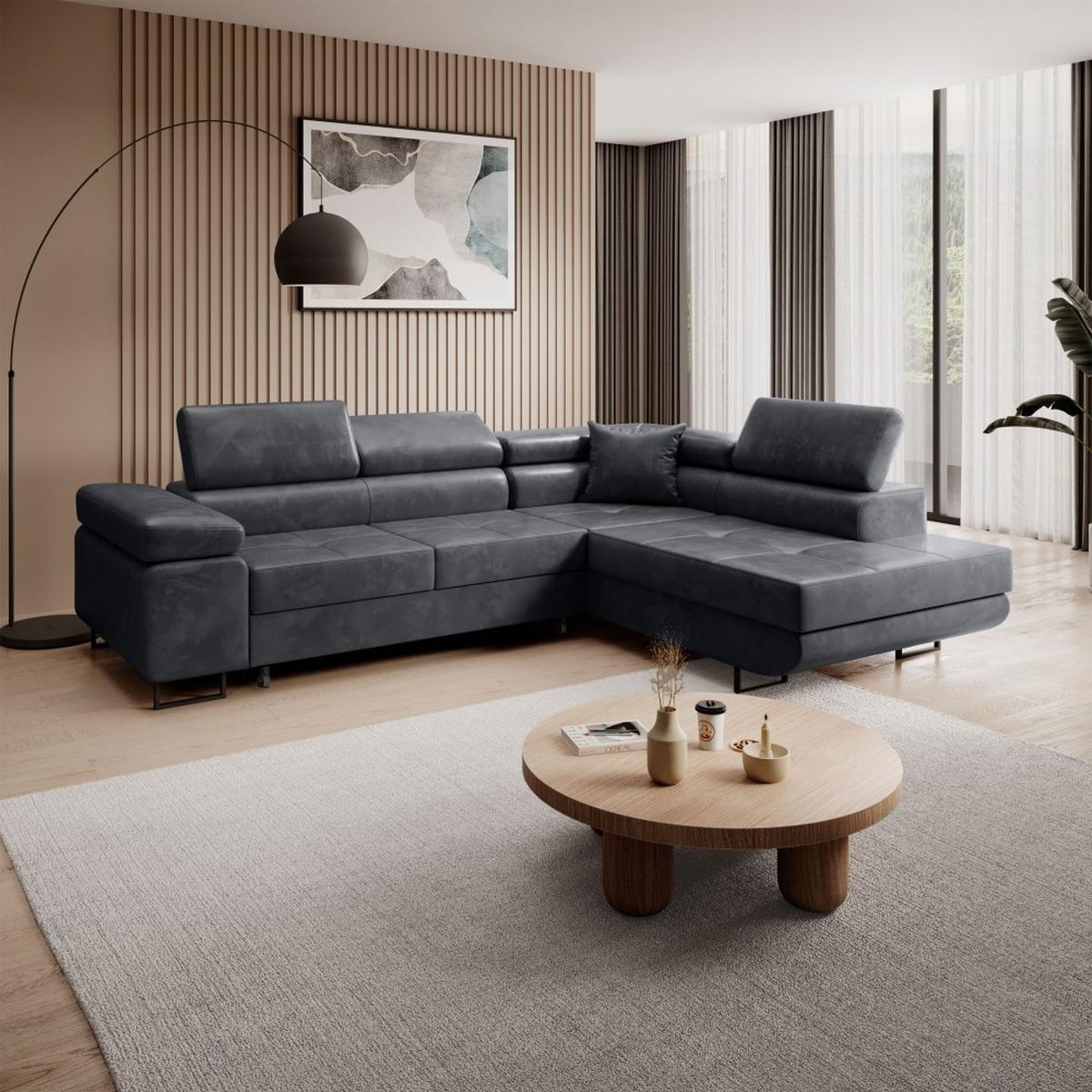 ECKSCHLAFSOFA Waldo verstellbaren Kopfstützen, Schwarz, rechts - Schwarz, Textil (275/203cm) - Beautysofa