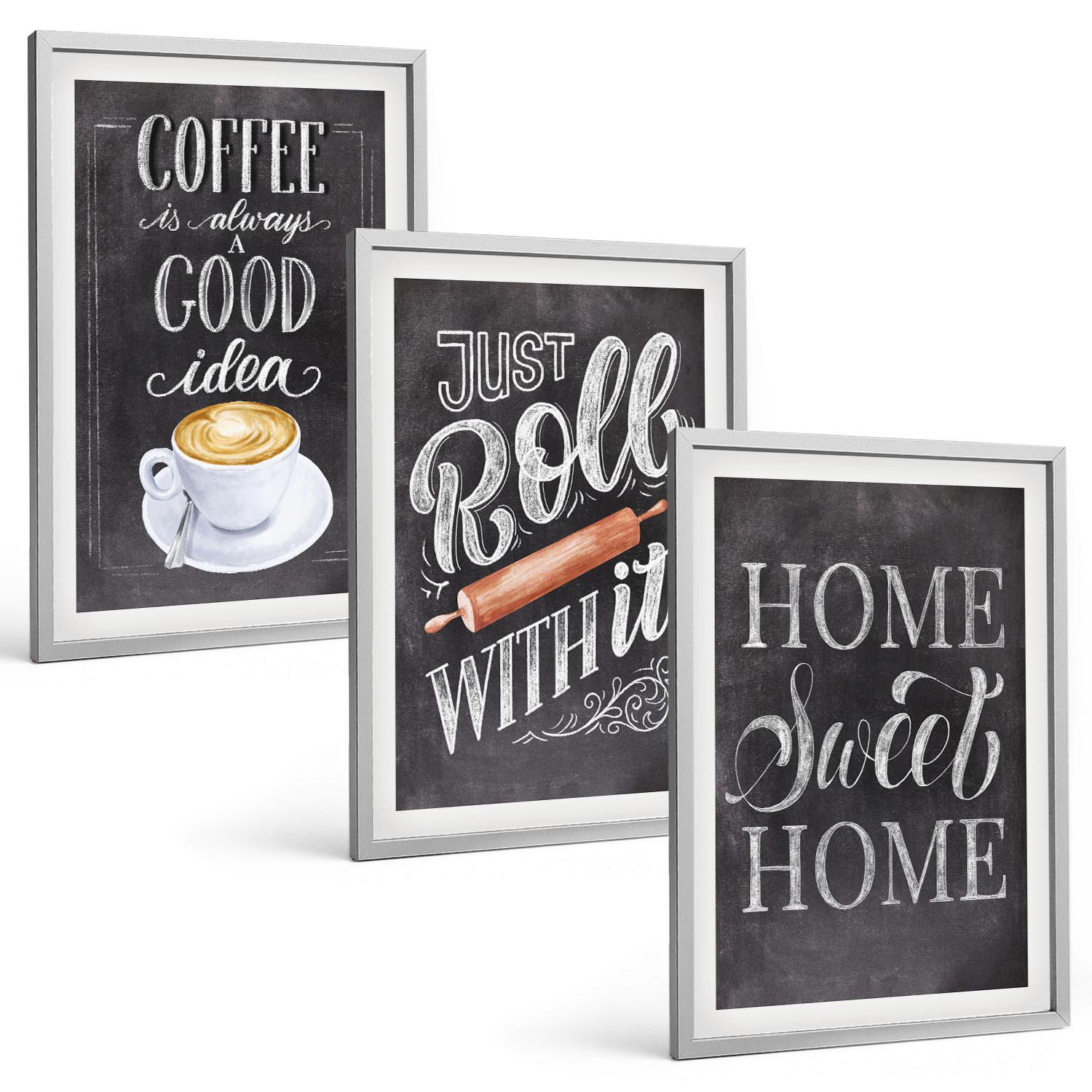 BILDER SET 3er Set - 40x60 cm Silberner Rahmen - Kaffeeroller, heimelige Wärme - Silberfarben, Kunststoff (40/60cm) - TULUP