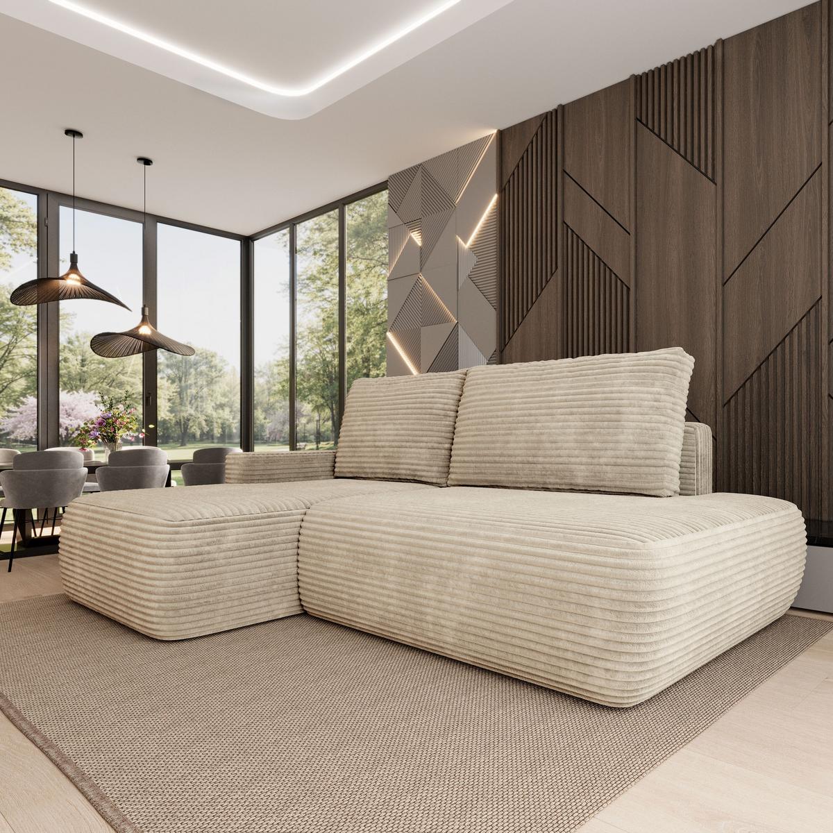 ECKSOFA AVINI T L-S Creme Kordstoff mit Schlaffunktion - Creme, Holzwerkstoff/Textil (277/160cm) - MASSENO