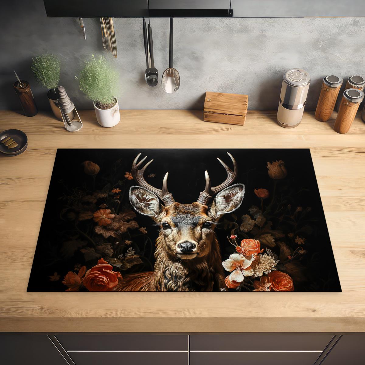 HERDABDECKPLATTE Hirsch - Tier - Blumen - Natur - Botanisch Abdeckung Ceranfeld 81.2x52 cm - Kupferfarben, Kunststoff (81.2/52/0.2cm) - MuchoWow