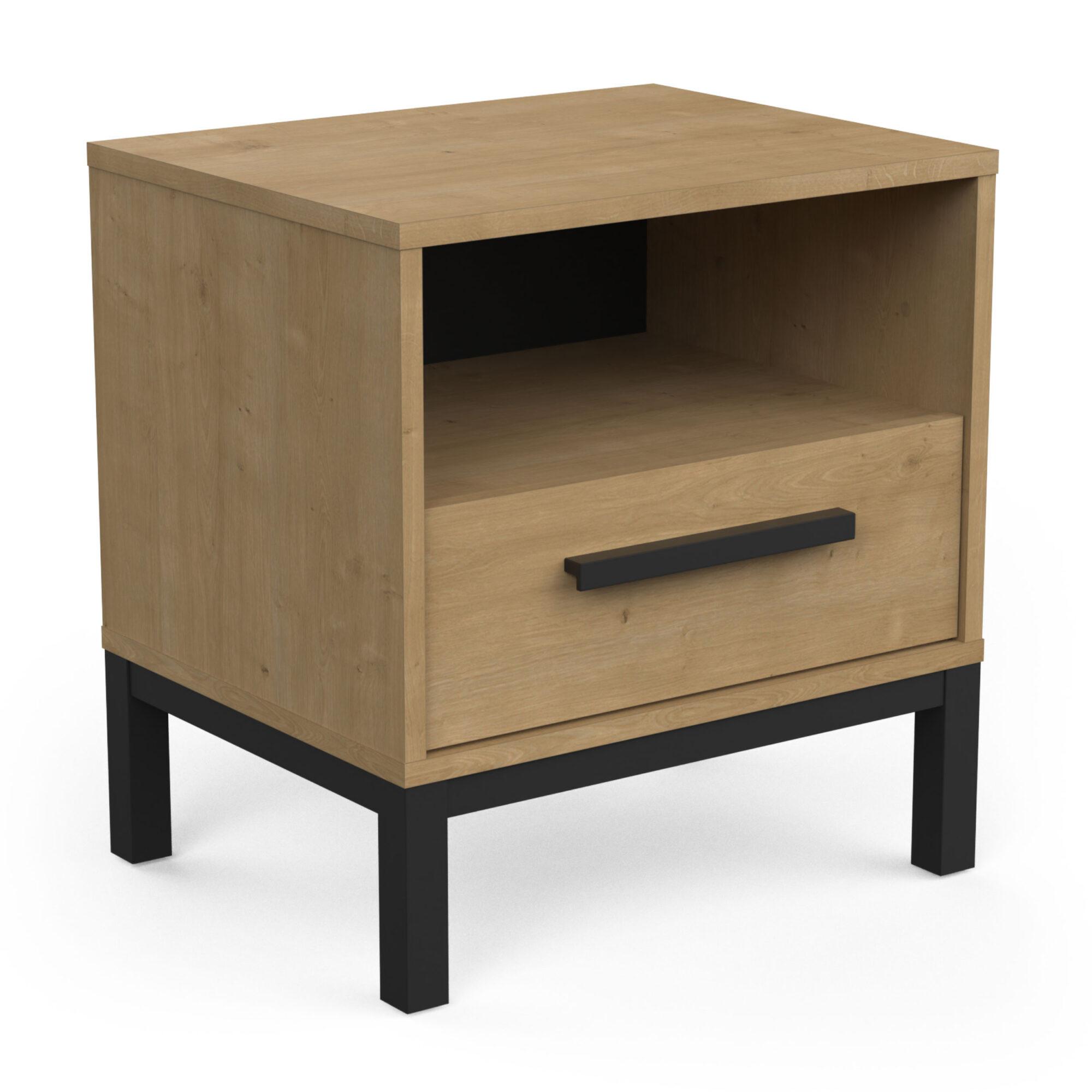 NACHTTISCH mit 1 Schublade und 1 Nische, Dekor Eiche und Mattschwarz Craft - L44,6 cm - Eschefarben, Holzwerkstoff (35.6/47.4/44.6cm) - Demeyere