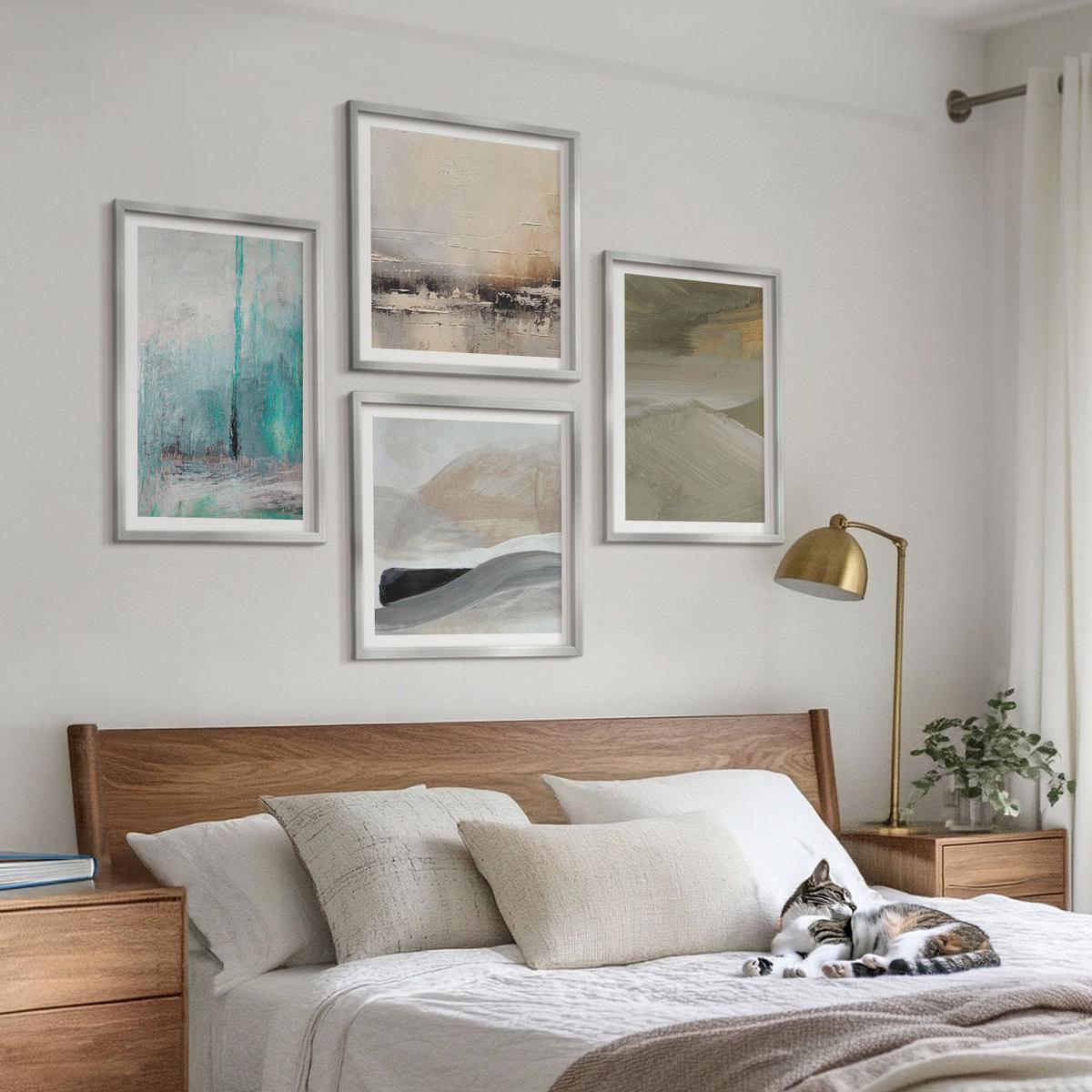 BILDER SET 4er Set - 50x50 cm & 40x60 cm Silberner Rahmen - Gemalte abstrakte Dekorationen - Silberfarben, Kunststoff (50/50cm) - TULUP