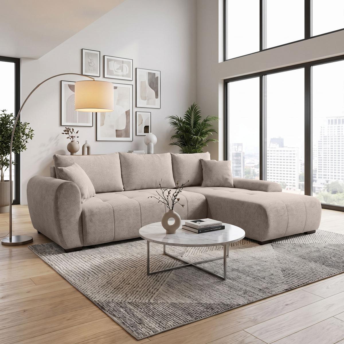 ECKSCHLAFSOFA Dallas mit Bettkasten, 255 cm, Beige, rechts, Velour-Stoff - Cappuccino, Textil (255/175cm) - Beautysofa