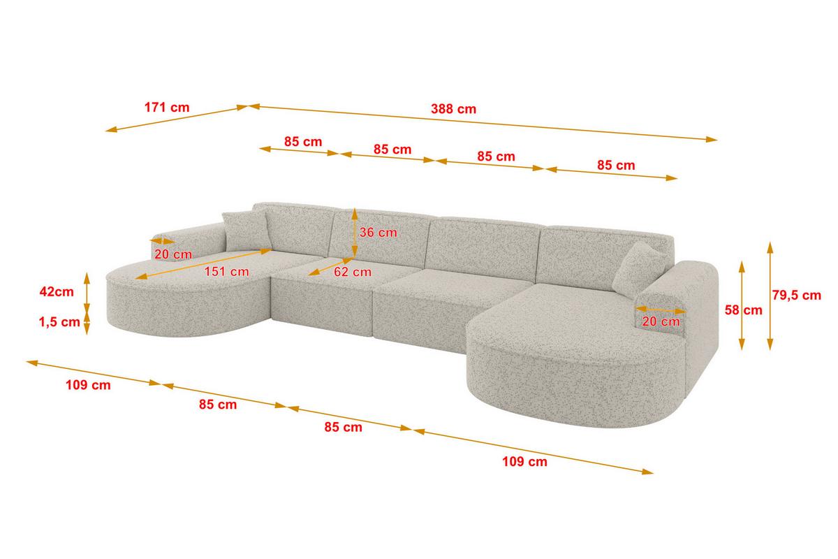 WOHNLANDSCHAFT MARI-U2 - 388x171x79 cm Hellgrau Tissu - Hellgrau/Schwarz, Holzwerkstoff/Kunststoff (388/79/171cm) - ALTDECOR