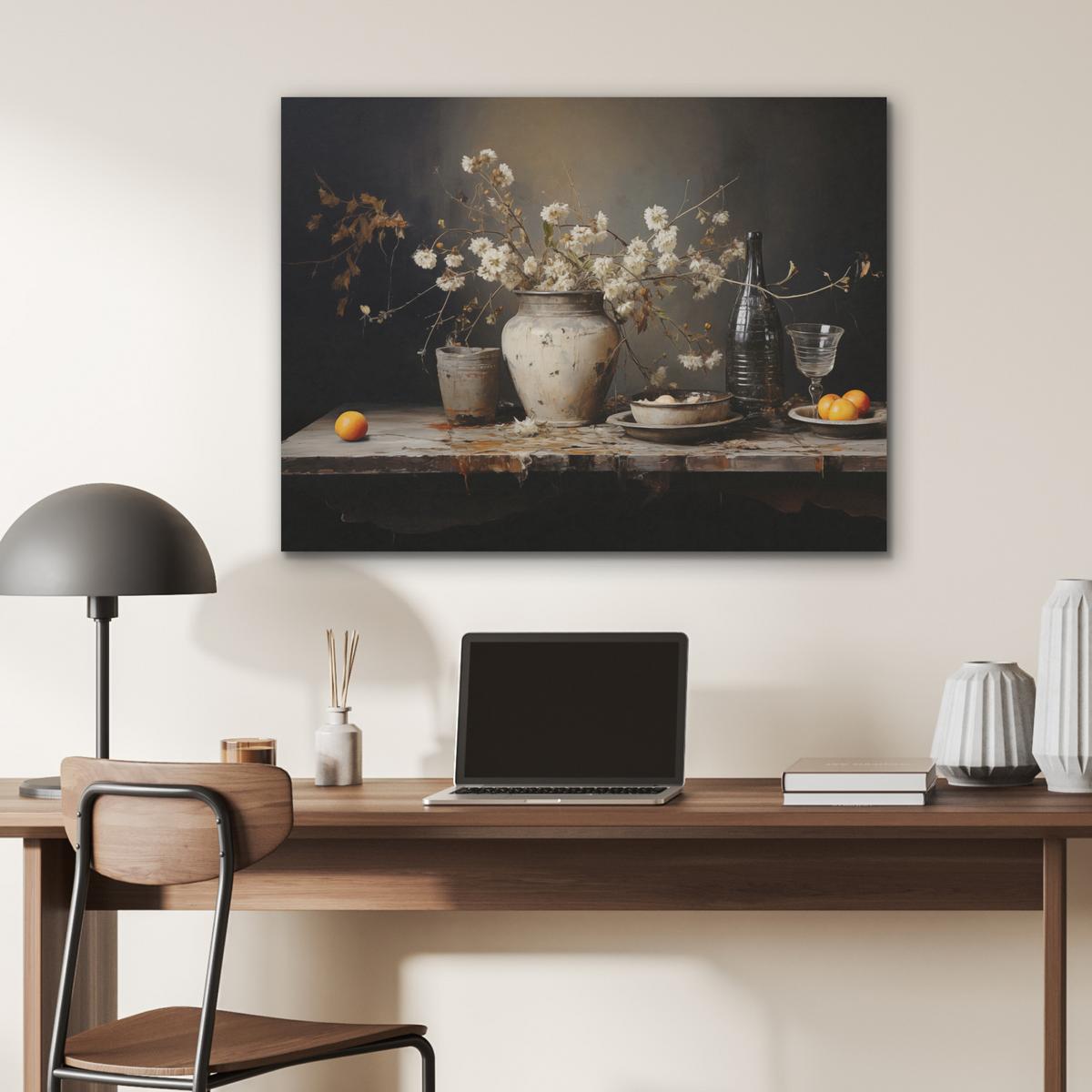 AKUSTIKBILD Stilleben - Blumen - Blumenstrauß - Vase - Wein Gemälde 80x60 cm - Schwarz, Kunststoff (80/60/0.9cm) - MuchoWow