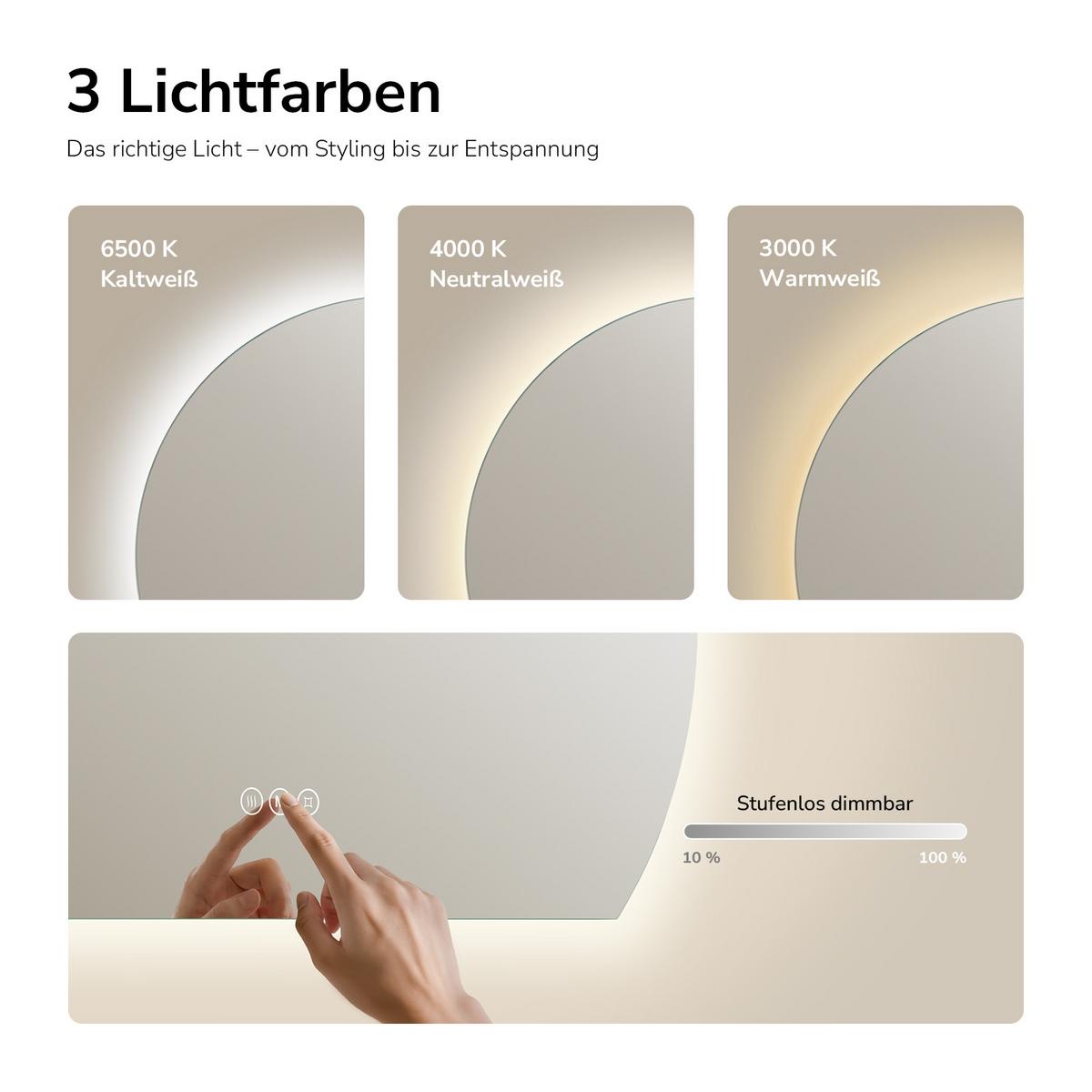BADSPIEGEL LED 100 x 83 cm mit 3 Lichtfarben, Antibeschlagfunktion und Touch-Schalter - Transparent, Glas (100/83/2.5cm) - EMKE