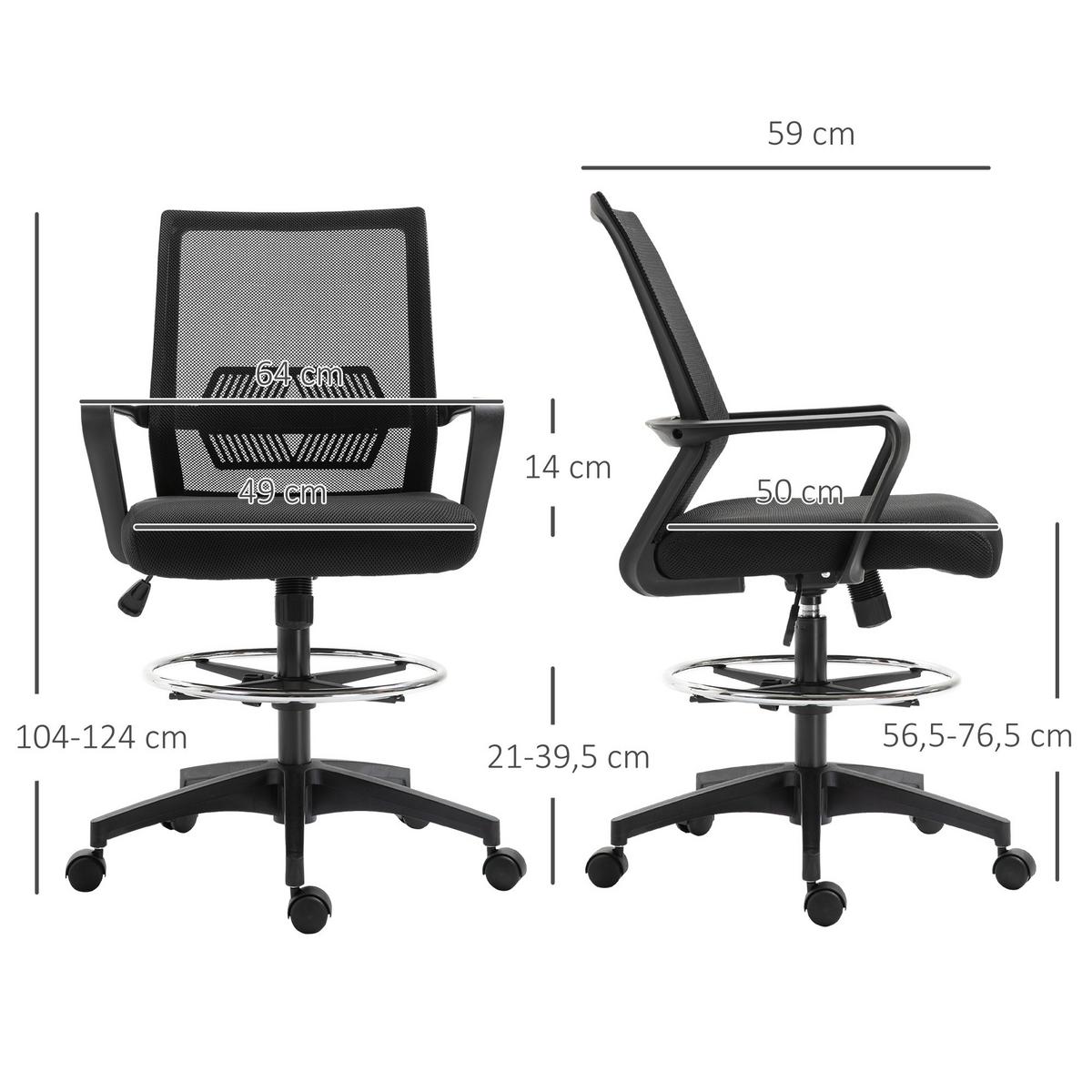 BÜROSTUHL Ergonomischer Schreibtischstuhl verstellbarer Fußring, Wippfunktion - Schwarz, Kunststoff (59/124/64cm) - Vinsetto