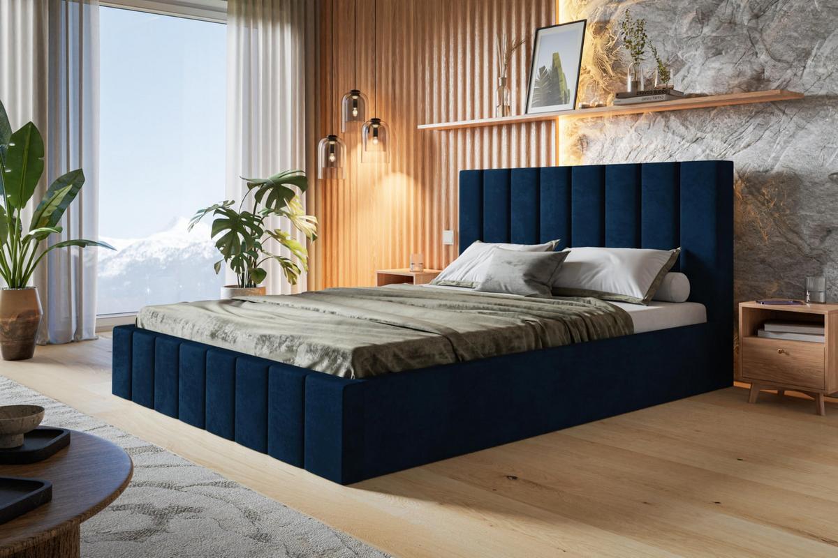 BETT 140x200 - Polsterbett mit Bettkasten und Holzrahmen - Modern Betten - Glatter Kronos-Stoff- Kollektion Toledo - Blau - Blau, Holz/Textil (140/200cm) - Alpi-Möbel