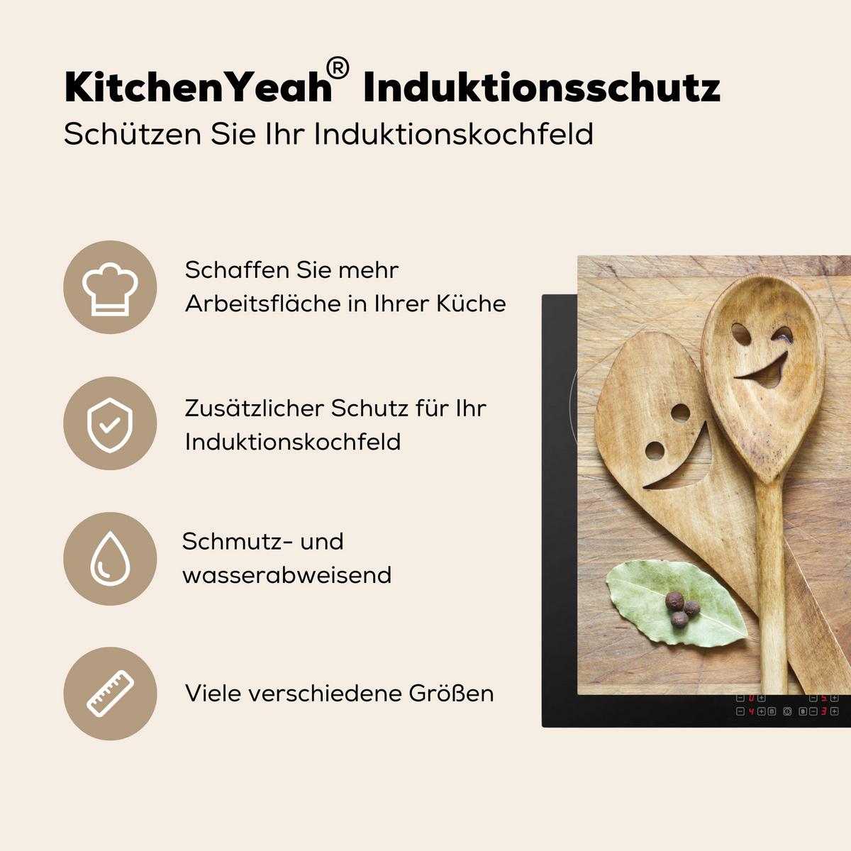 HERDABDECKPLATTE Holz - Löffel - Braun - Smiley Ceranfeldabdeckung 76x51.5 cm - Hellbraun, Kunststoff (76/51.5/0.2cm) - MuchoWow