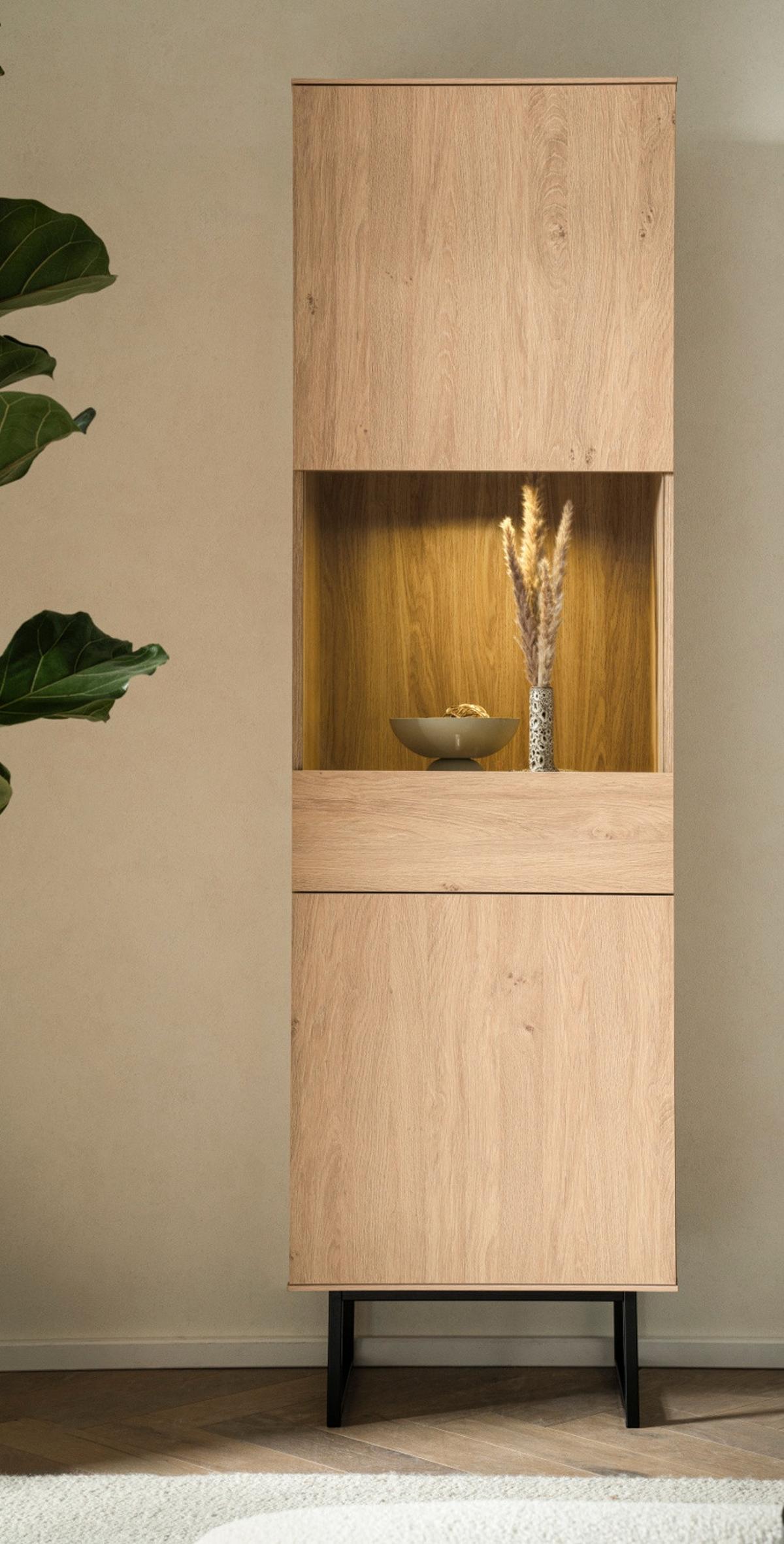 VITRINE Stone Eiche, Vitrinenschrank 58 x 200 cm, mit Push-to-Open - Eichefarben/Schwarz, Holzwerkstoff/Metall (58/200/40cm) - Furn.Design