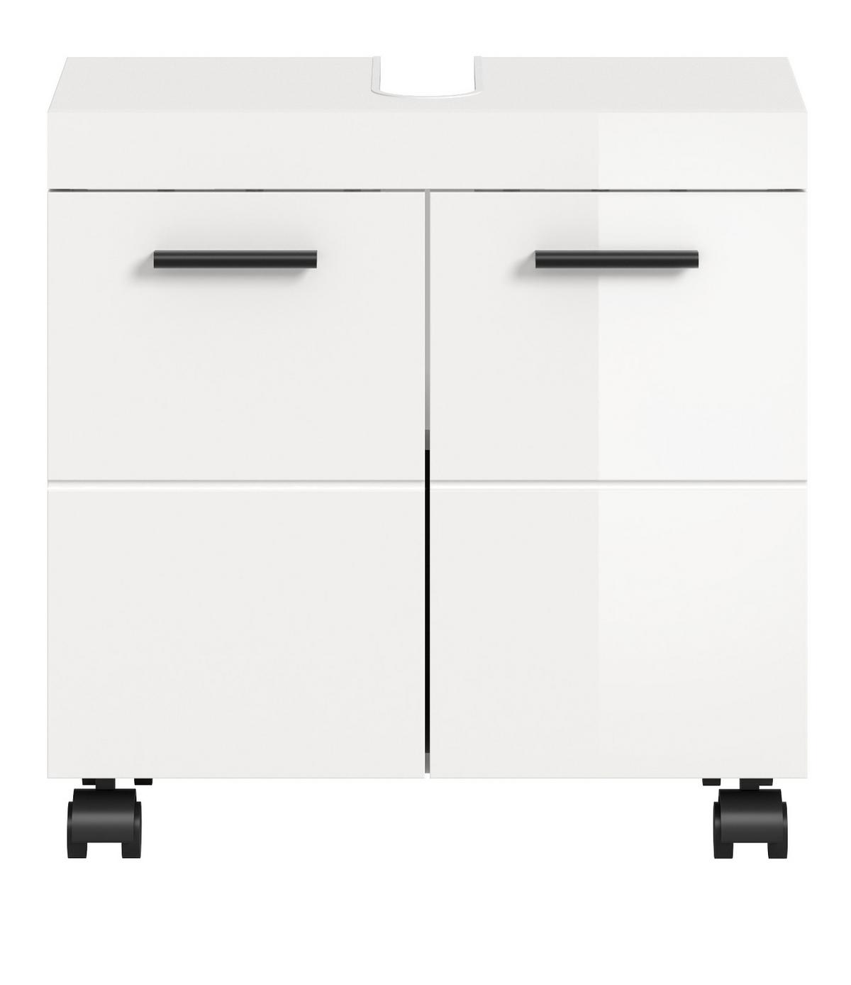 WASCHBECKENUNTERSCHRANK weiß Hochglanz 60 cm, Badezimmer Unterschrank auf Rollen - Weiß Hochglanz/Schwarz, Holzwerkstoff/Kunststoff (60/58/30cm) - Inn.Furn
